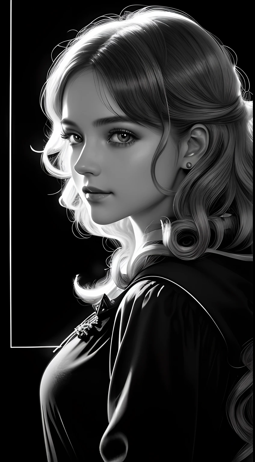 Russian Girl, Trends on ArtStation, Trends on CGSociety, Intricate, High Detail, Clear Focus, Dramatic, Realistic Art of Drawing, by Midjourney and Greg Rutkowski, ((Best Quality)), ((Masterpiece)), High Resolution, Original, Very Detailed Wallpaper, Very Delicate and Pretty, Illustration, Cinematic Light, Volumetric Light, Halo Effect, Light Particles, ((1girl)), beautifuldetailedeyes, longsleeves, hoodie, frills, noshadow, simplebackground, (((black background))), European, bright, (((1980s(style)))), cinema, silhouette, grayscale, monochrome, ((large wavy curls)), slit pupils, (((looking back))), cinematic angles, ((( (close-up))),(((portrait))), lens flare, seductive smile, tarot cards, medium hair