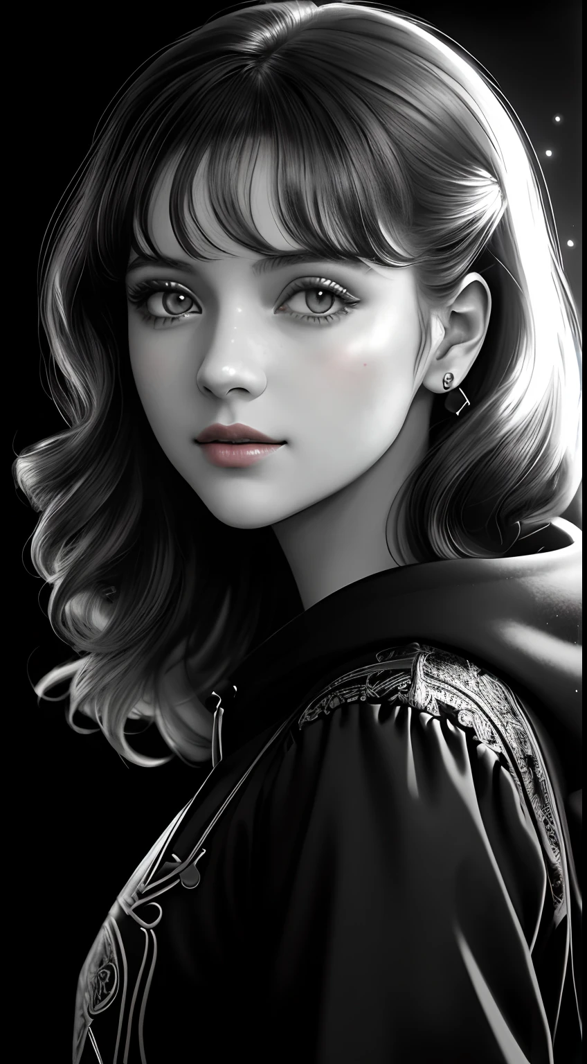 Russian Girl, Trends on ArtStation, Trends on CGSociety, Intricate, High Detail, Clear Focus, Dramatic, Realistic Art of Drawing, by Midjourney and Greg Rutkowski, ((Best Quality)), ((Masterpiece)), High Resolution, Original, Very Detailed Wallpaper, Very Delicate and Pretty, Illustration, Cinematic Light, Volumetric Light, Halo Effect, Light Particles, ((1girl)), beautifuldetailedeyes, longsleeves, hoodie, frills, noshadow, simplebackground, (((black background))), European, bright, (((1980s(style)))), cinema, silhouette, grayscale, monochrome, ((large wavy curls)), slit pupils, (((looking back))), cinematic angles, ((( (close-up))),(((portrait))), lens flare, seductive smile, tarot cards, medium hair