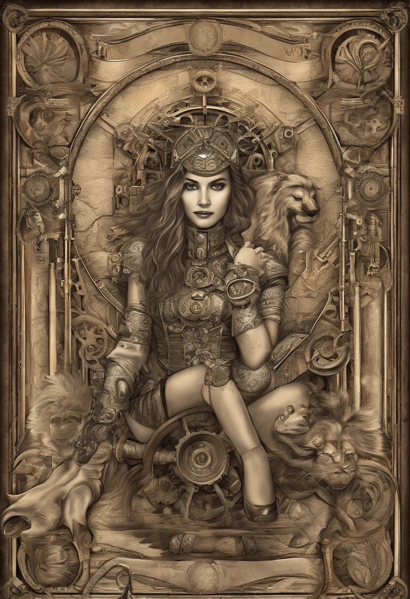 a girl on the beach wearing ninja dress with the lion as a pet