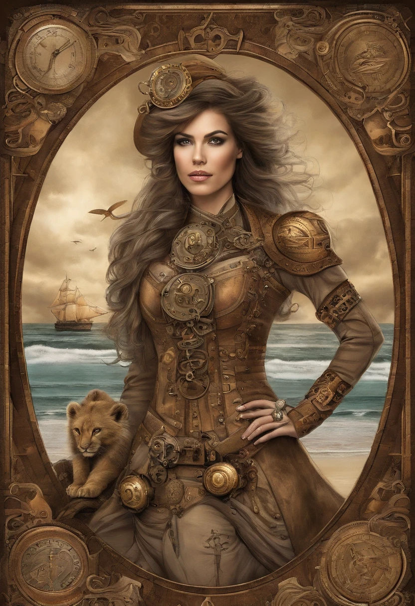 a girl on the beach wearing ninja dress with the lion as a pet