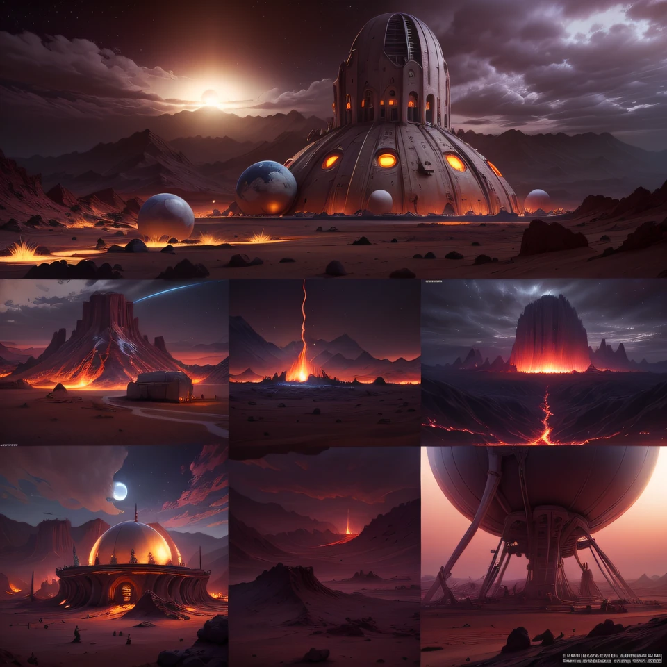 Alien base (Very detailed) In the mountainous desert,There are several exhaust fans and chimneys, Some spotlights come out of the base to illuminate dark places, (Extreme nights), Some clouds in the night sky, Some of the surrounding planets provide air to unknown planets,The farthest giant volcano is erupting