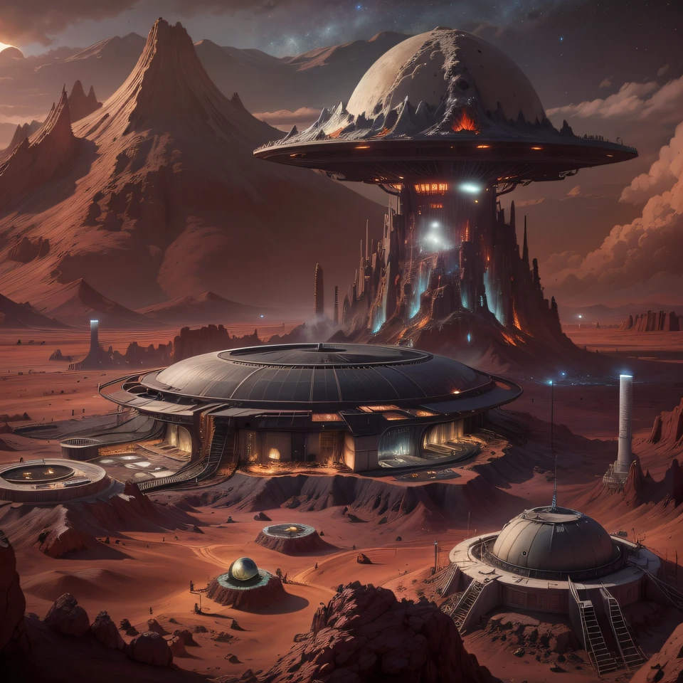 Alien base (Very detailed) In the mountainous desert，There are several exhaust fans and chimneys, Some spotlights come out of the base to illuminate dark places, (Extreme nights), Some clouds in the night sky, Some of the surrounding planets provide air to unknown planets，The farthest giant volcano is erupting