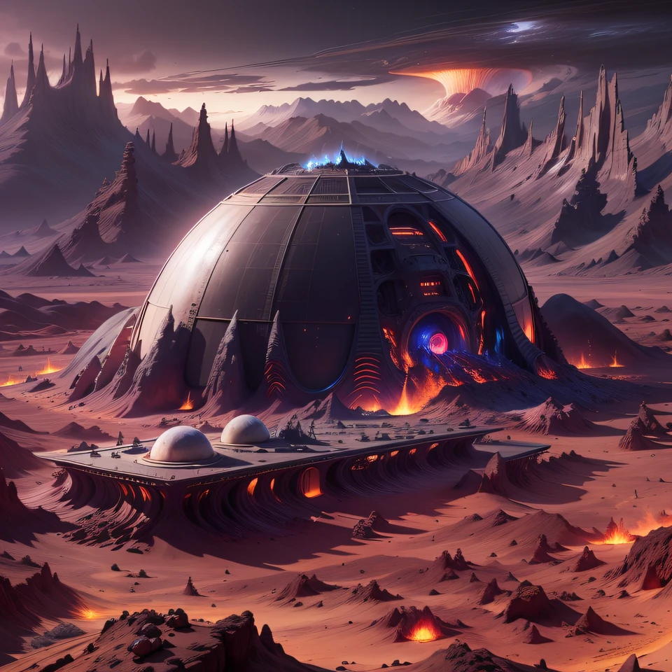 Alien base (Very detailed) In the mountainous desert，There are several exhaust fans and chimneys, Some spotlights come out of the base to illuminate dark places, (Extreme nights), Some clouds in the night sky, Some of the surrounding planets provide air to unknown planets，The farthest giant volcano is erupting
