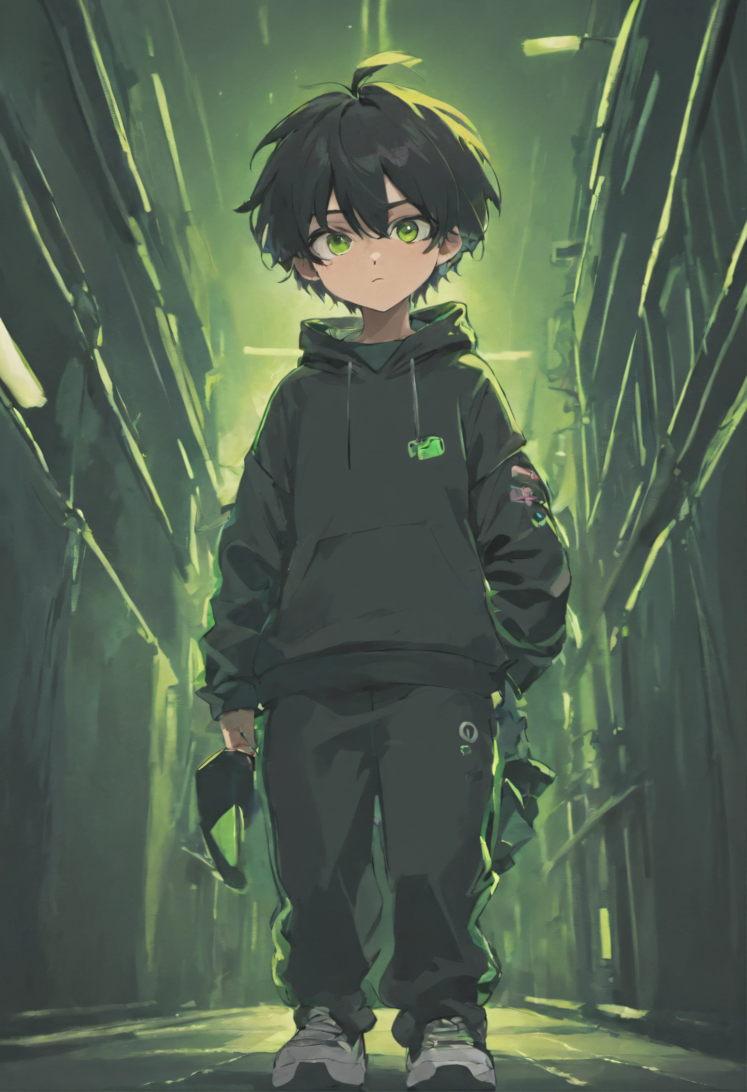 estilo cartoon, medium black hair, with a black cap, de olhos marcantes sobrancelhas arqueadas, mascara do noob saibot, corpo com moletom preto e detalhes verdes, black pants with green stripes and skateboarder-style sneakers, with cell phone on hand, personagem em cartoon, personagem sentado, personagem deitado, personagem andando, imagem detalhada, imagem de personagem de lofi