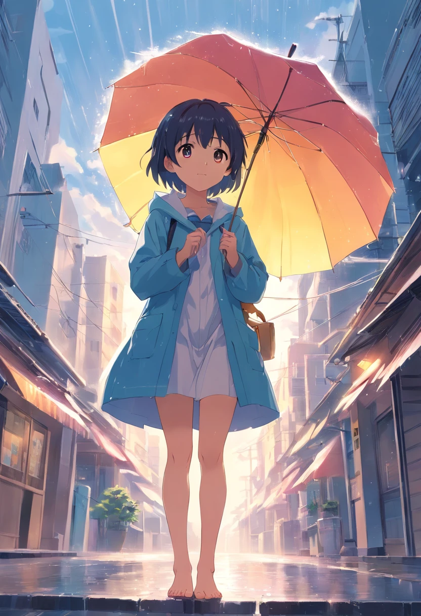 Cute loli，Barefoot，Tummy down，head looking up，Raise your feet，shift dresses，white  panties，largeeyes，Anime cute face，looking at book，Wet da，raincoat，With an umbrella，Storm，rainbowing