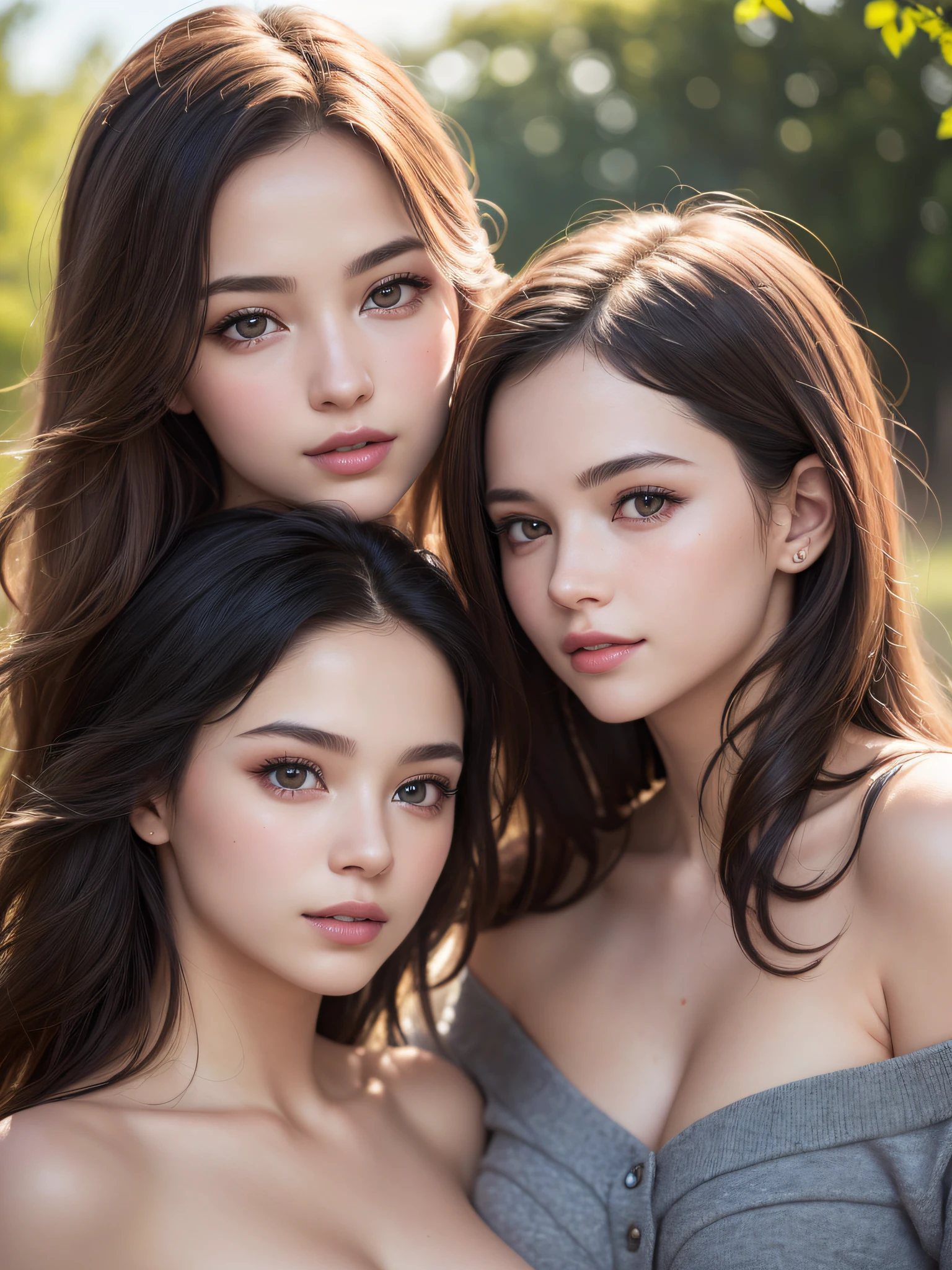 (2young girls), (Ultra realistic, high res), (highly detailed eyes, highly detailed hair, highly detailed face, highly detailed plump lips), naked, (off shoulder), breasts, upper body, caute smile, (best quality:1.4), Raw photo, (realistic, photo-realistic:1.37), professional photography, cinematic light, (fine face: 1.2),