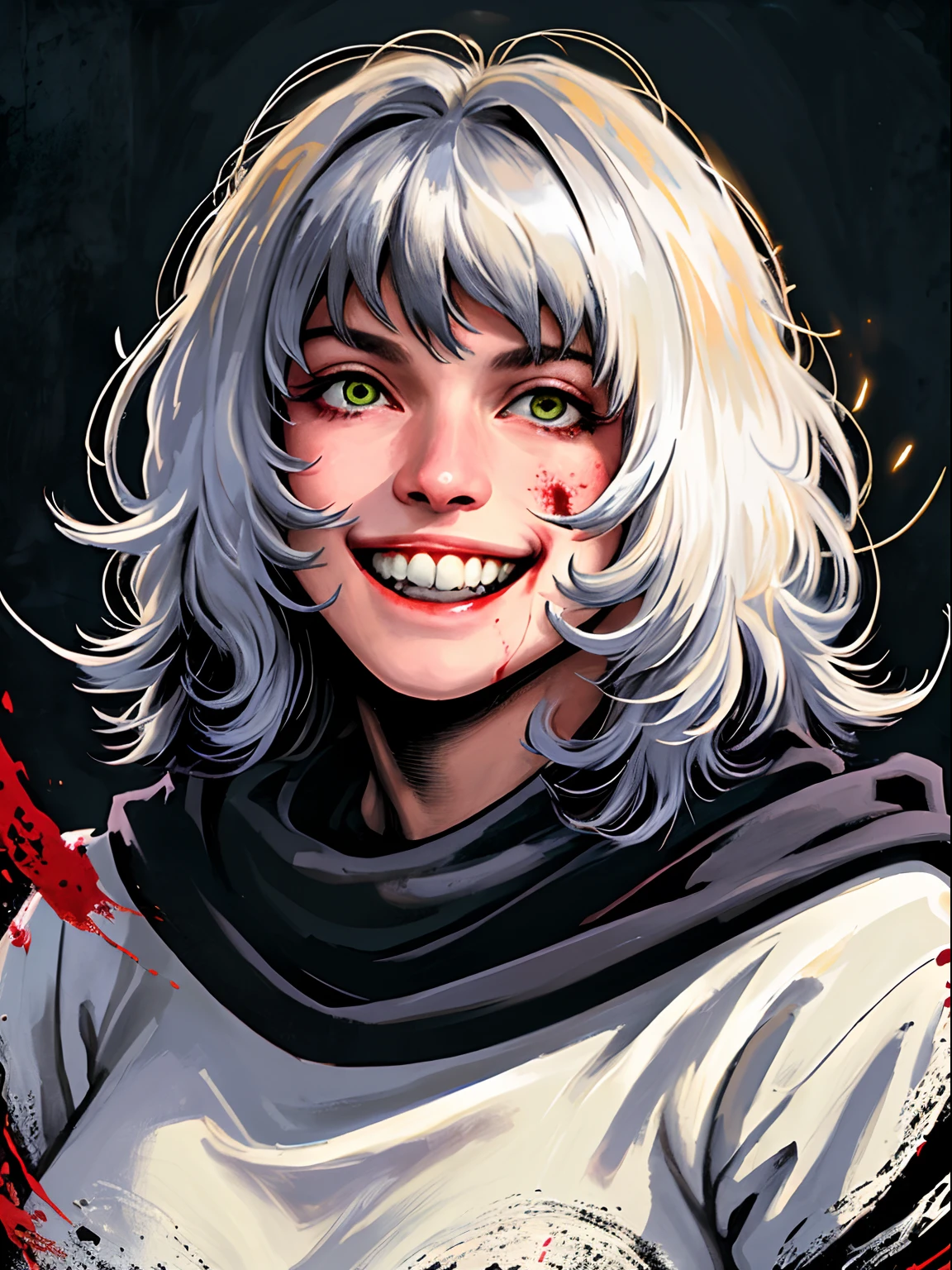 (best quality,ultra-detailed,realistic:1.37),huge shaggy monster,sparkling eyes,grin,huge white fangs,splashes of blood,otherworldly