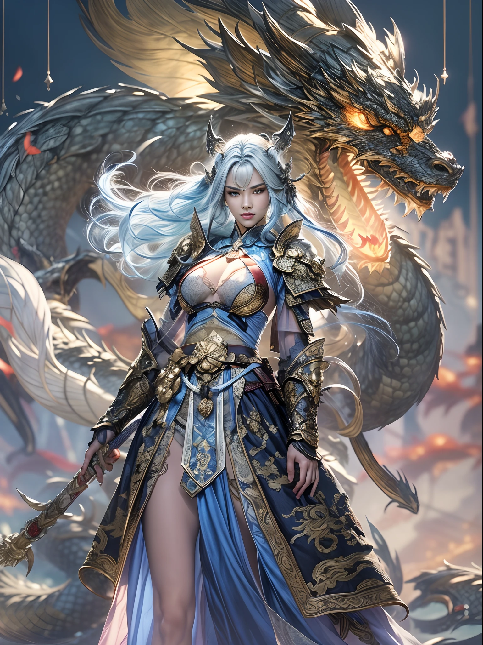 （fully body photo），1个Giant Breast Girl，Accurate and perfect Korean female face，anatomy correct，The body of the golden ratio，Delicate Chinese lace dress armor，Armed belts，Made of shiny white and silver translucent glass and titanium， angry look, Vibrant colors, battleground background,Ashes fall, fire glow，A delicate ancient Chinese helmet on the head:1.2，blue color eyes:1.2，(Long sword in hand，The tip of the sword is facing forward，Swing the sword and slash)，(Behind him stands a transparent Chinese dragon)，Bright sunlight，Oriental elements，Dreamy glow，（globalillumination，Ray traching，hdr，The rendering is not realistic，Rational design，high detal，(tmasterpiece)，best qualtiy，hyper HD，cinmatic lighting)