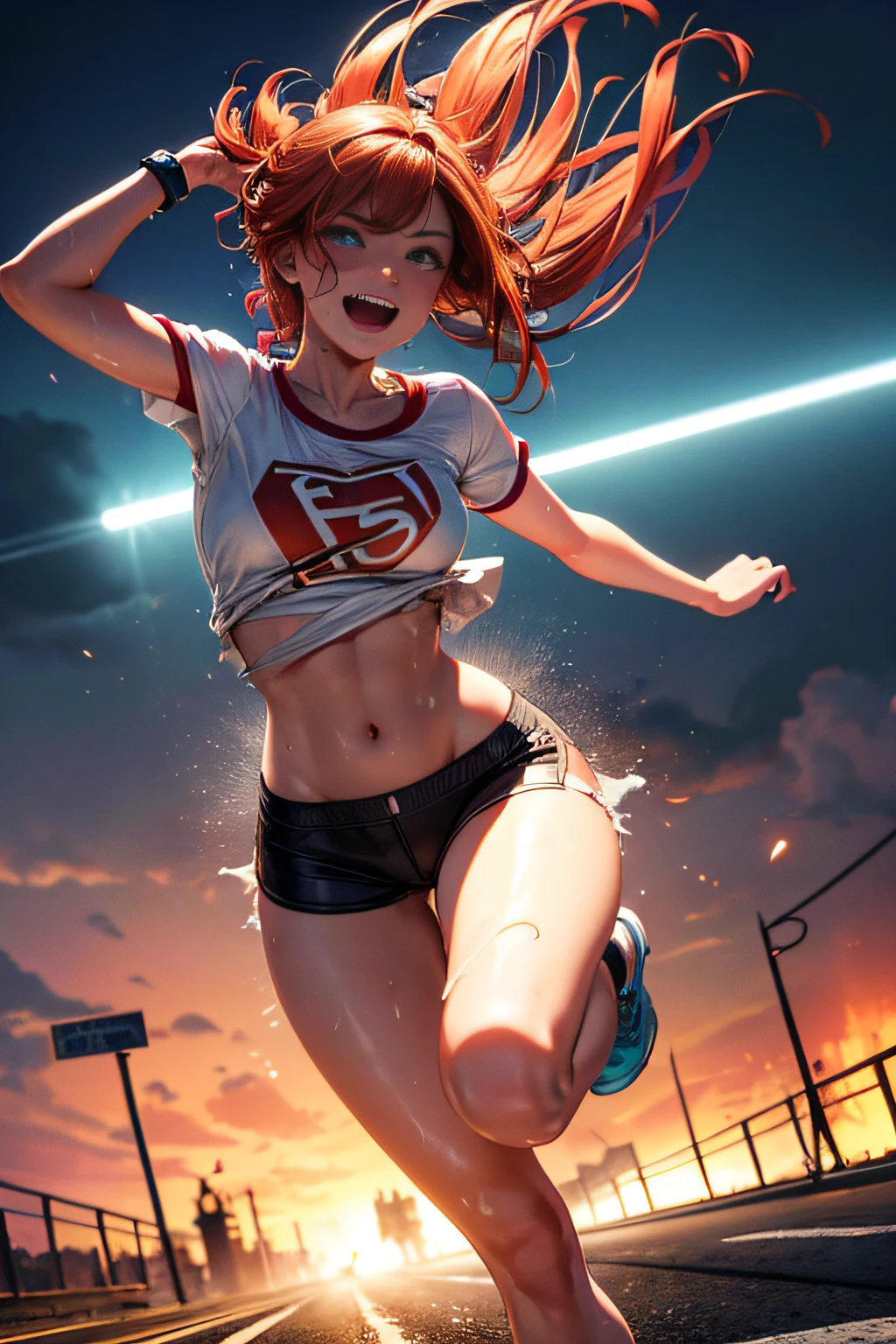 small_breast,Premium quality,8K masterpiece,high resolution,,Raw photo,18 year old Eastern European female,eu,Redhead,brunette,Symmetrical hairstyle,glowing skin,Super beauty,( (Super realistic details)), shadow, in 8K, Very intricate details, Realistic light, CGSoation Trends, beautiful eyes, scared eyes, open mouth, scared face, Neon details, High quality background image shot,Full body representation,,Symmetrical hairstyle with movement,(Skin shiny with sweat: 1.1),Torn short T-shirt, torn short shorts, road, devastated city background, running,running,road,a smile,biologically correct,Several zombies behind her