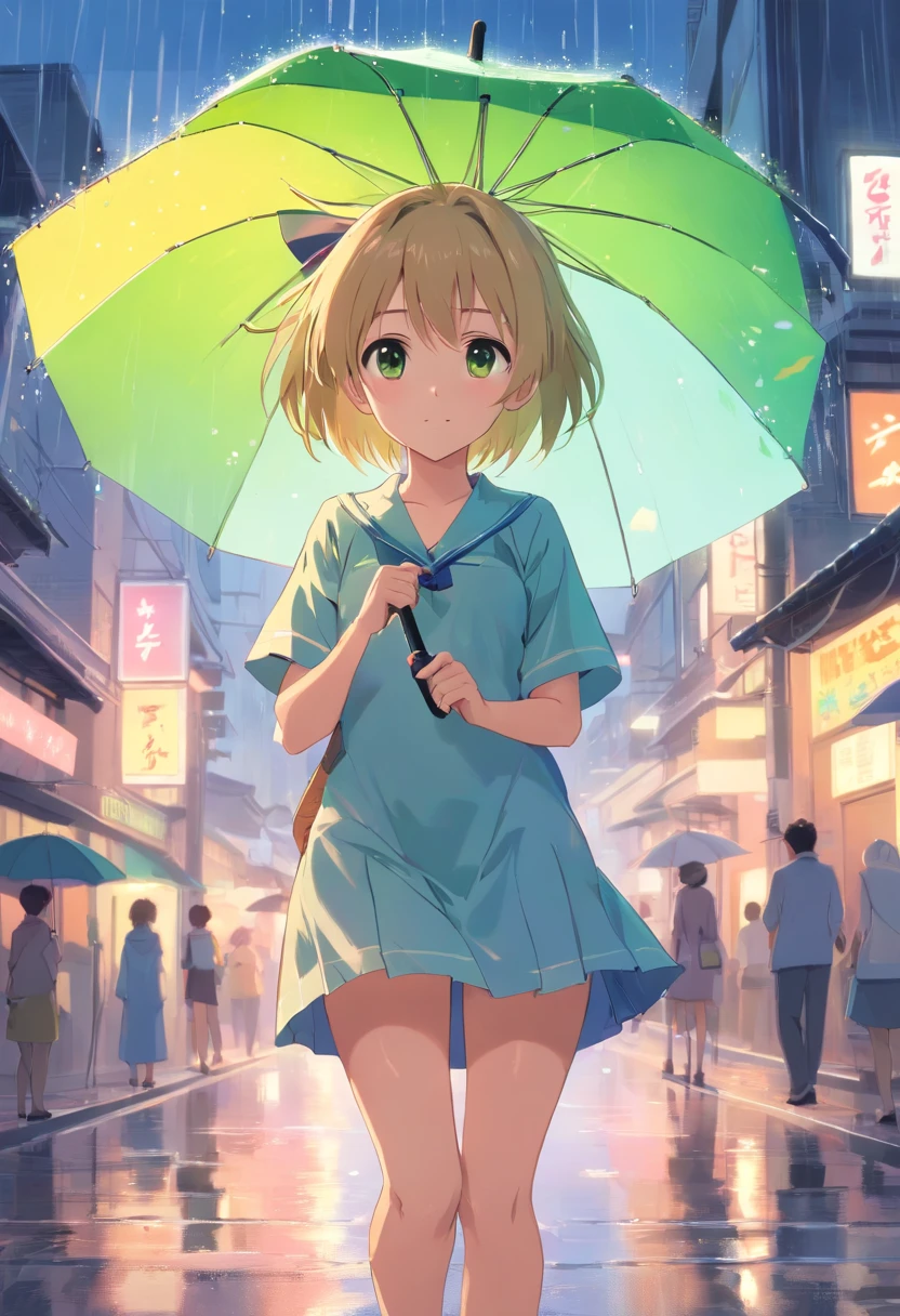 Cute loli，Barefoot，Tummy down，head looking up，Raise your feet，shift dresses，white  panties，largeeyes，Anime cute face，looking at book，Wet da，silber hair，dual horsetail，With an umbrella，Storm，rainbowing，