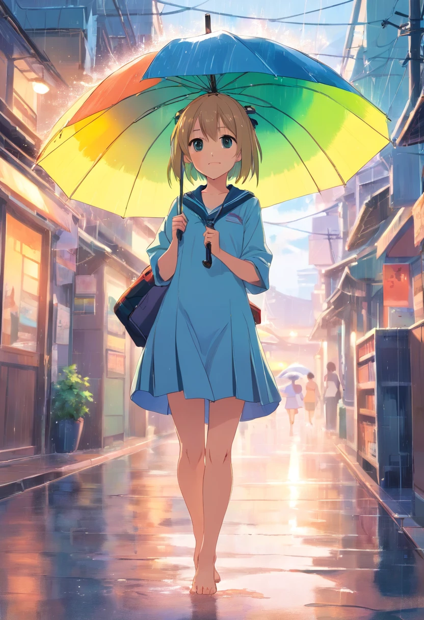 Cute loli,Barefoot,Tummy down,head looking up,Raise your feet,shift dresses,white panties,largeeyes,Anime cute face,looking at book,Wet da,silber hair,dual horsetail,With an umbrella,Storm,rainbowing,