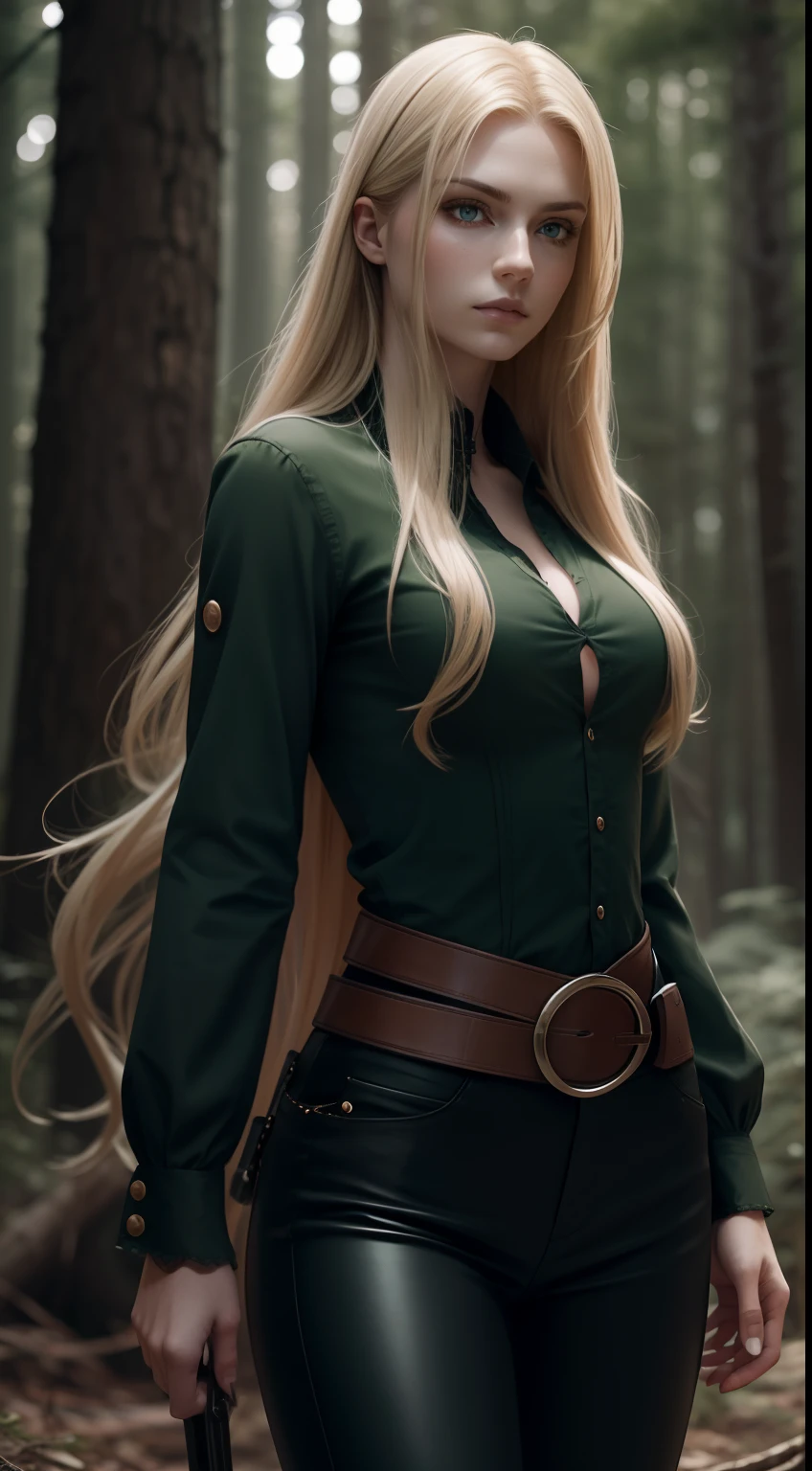 Photorealistic Image of Gorgeous British Vampire Mercenary Woman with Proportional Body, Long Flowing Blonde Hair, Pale Skin, Serious Face, Dark Green Loose Button Shirt and Black Tight Long Pants, Pine Forest at Night, Centered, Waist-up Shot, From Front Shot, Insane Details, Intricate Face Detail, Intricate Hand Details, Cinematic Shot and Lighting, Realistic Colors, Masterpiece, Sharp Focus, Ultra Detailed, Taken with DSLR camera, Realistic Photography, Depth of Field, Incredibly Realistic Environment and Scene, Master Composition and Cinematography
