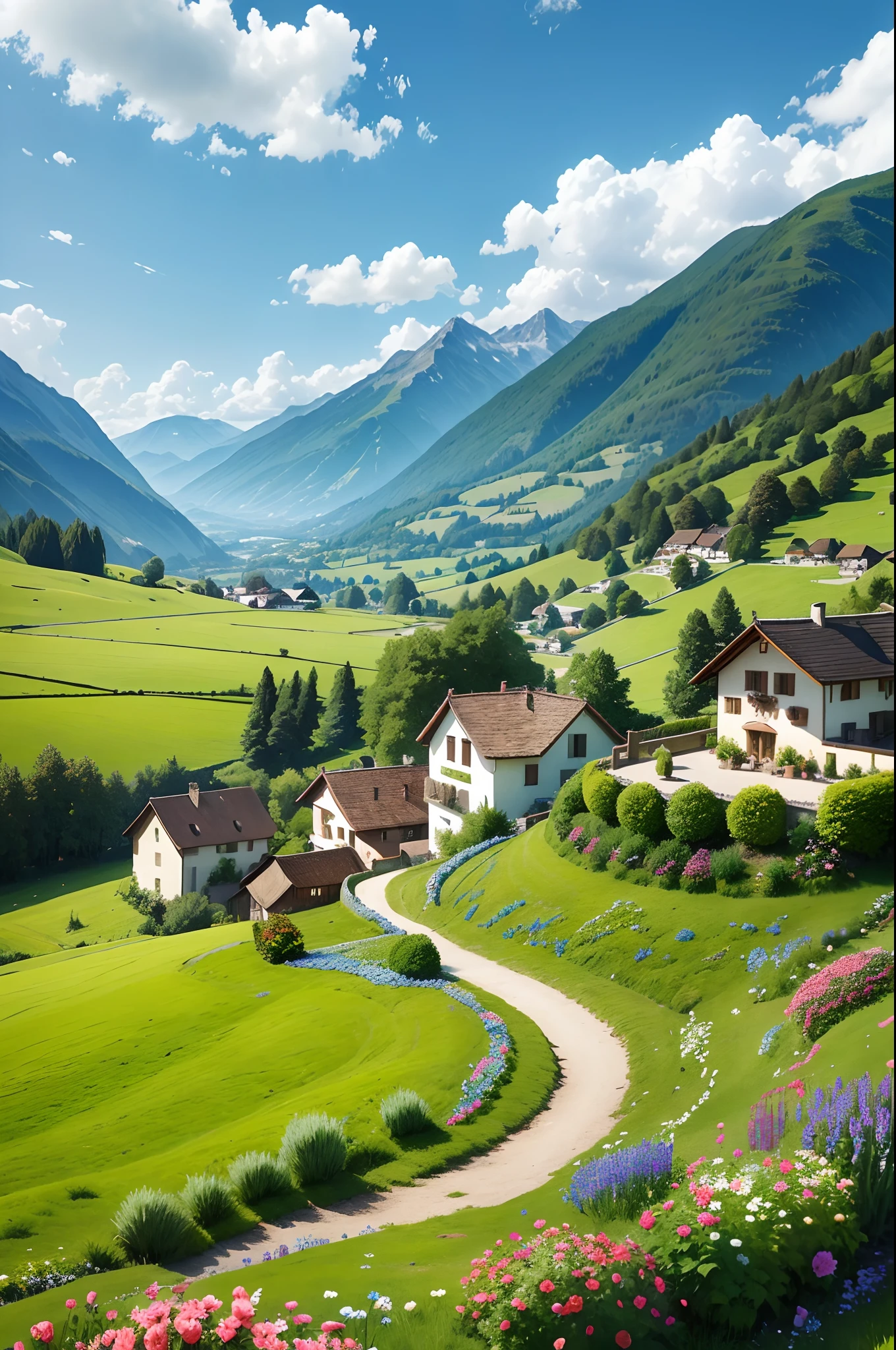 Peaceful and idyllic countryside, Rolling green hills dotted with grazing sheep, Charming villa,Set amidst vibrant flowers, Clear blue sky overhead, Evokes a sense of peace and simplicity, Valle encantador, switzerland, patches of green fields, lush countryside, Valle exuberante,An idyllic village in Milan,,verdant green fields,above a village,Rolling terraces,Colorful garden of flowers and plants,Alpine scenery in the Swiss countryside under the Alps,Carl Césel Bern,Majestic nature, Swiss architecture, lindo cenario, rios,waterfallr