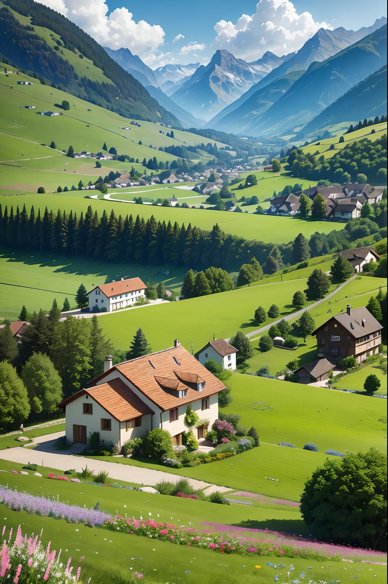 Peaceful and idyllic countryside, Rolling green hills dotted with grazing sheep, Charming villa，Set amidst vibrant flowers, Clear blue sky overhead, Evokes a sense of peace and simplicity, Valle encantador, switzerland, patches of green fields, lush countryside, Valle exuberante,An idyllic village in Milan,，verdant green fields，above a village，Rolling terraces，Colorful garden of flowers and plants，Alpine scenery in the Swiss countryside under the Alps，Carl Césel Bern，Majestic nature, Swiss architecture, lindo cenario, rios，waterfallr