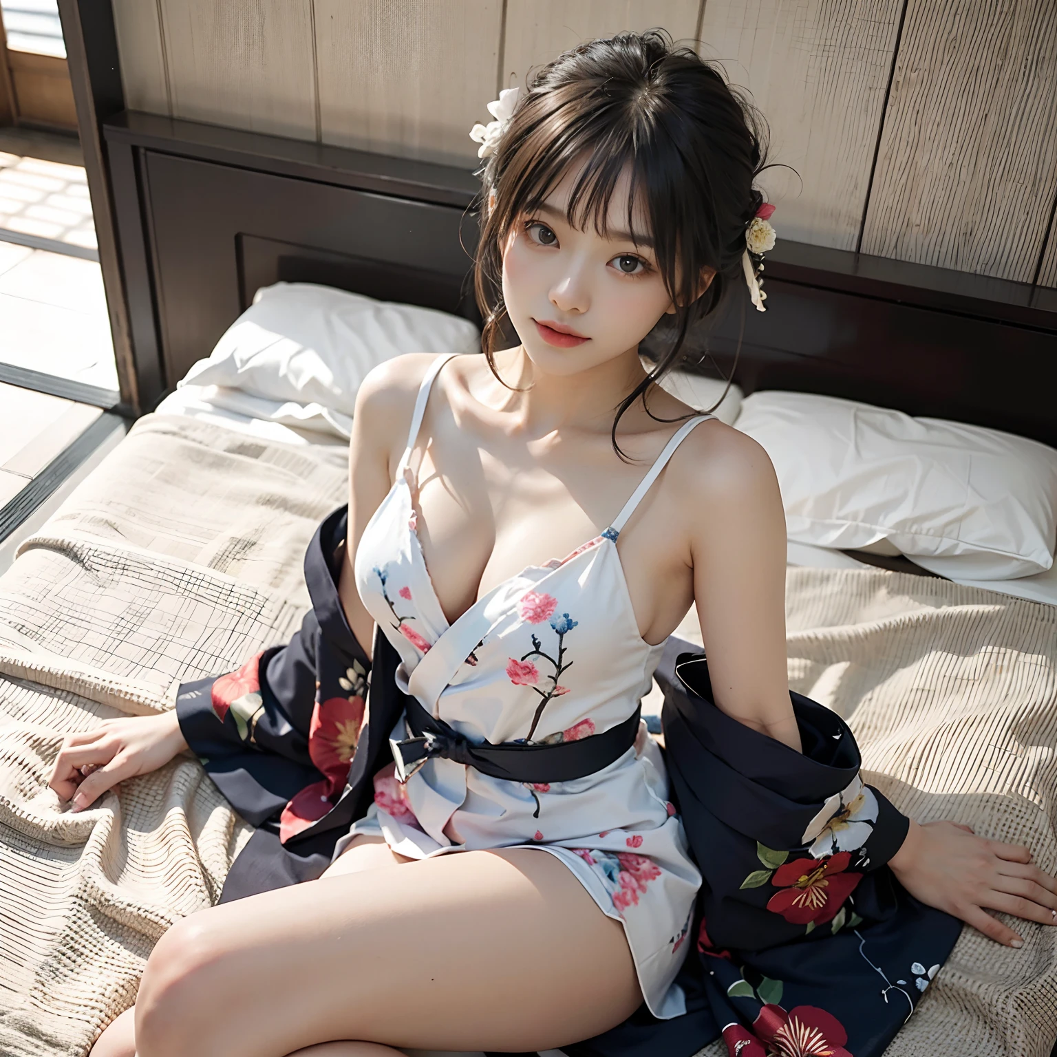 hi-school girl, A sexy, Japan Yukata, No bra,( You can see the valley) ,with floral pattern , Legs spread wide ,Legs spread, ,floral Yukata ,Lying position ,An ultra-high picture quality ,no-bra