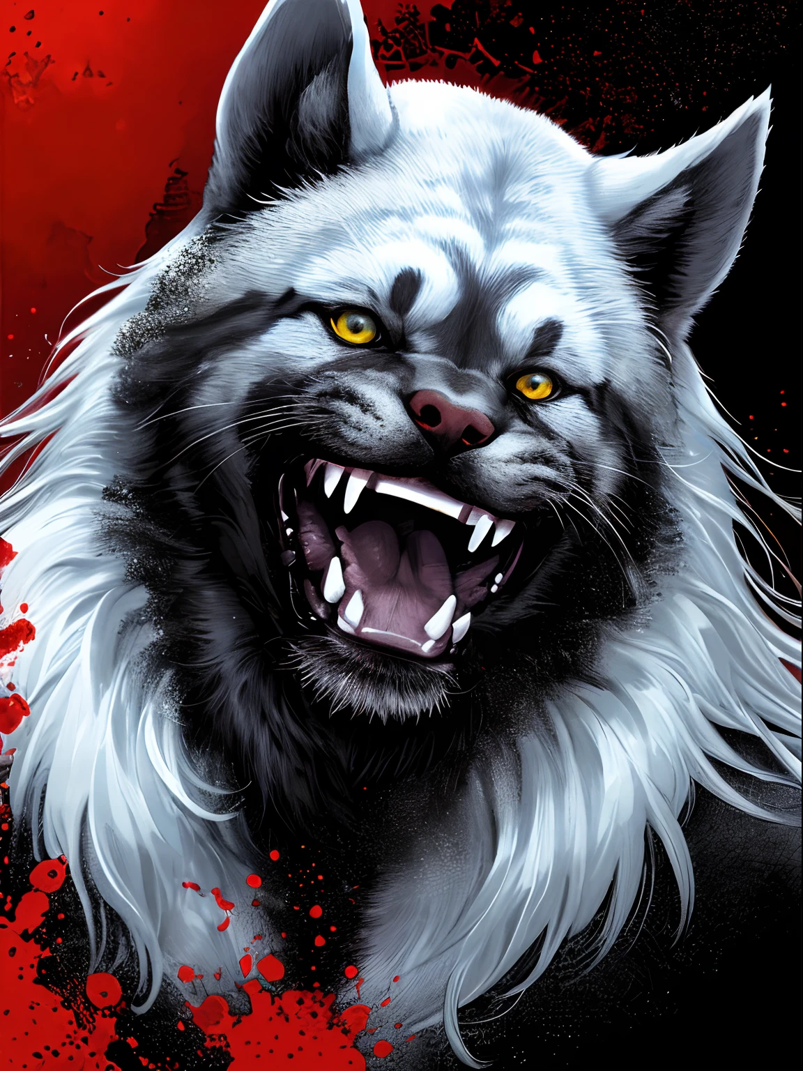 (best quality,ultra-detailed,realistic:1.37),huge shaggy monster,sparkling eyes,grin,huge white fangs,splashes of blood,otherworldly