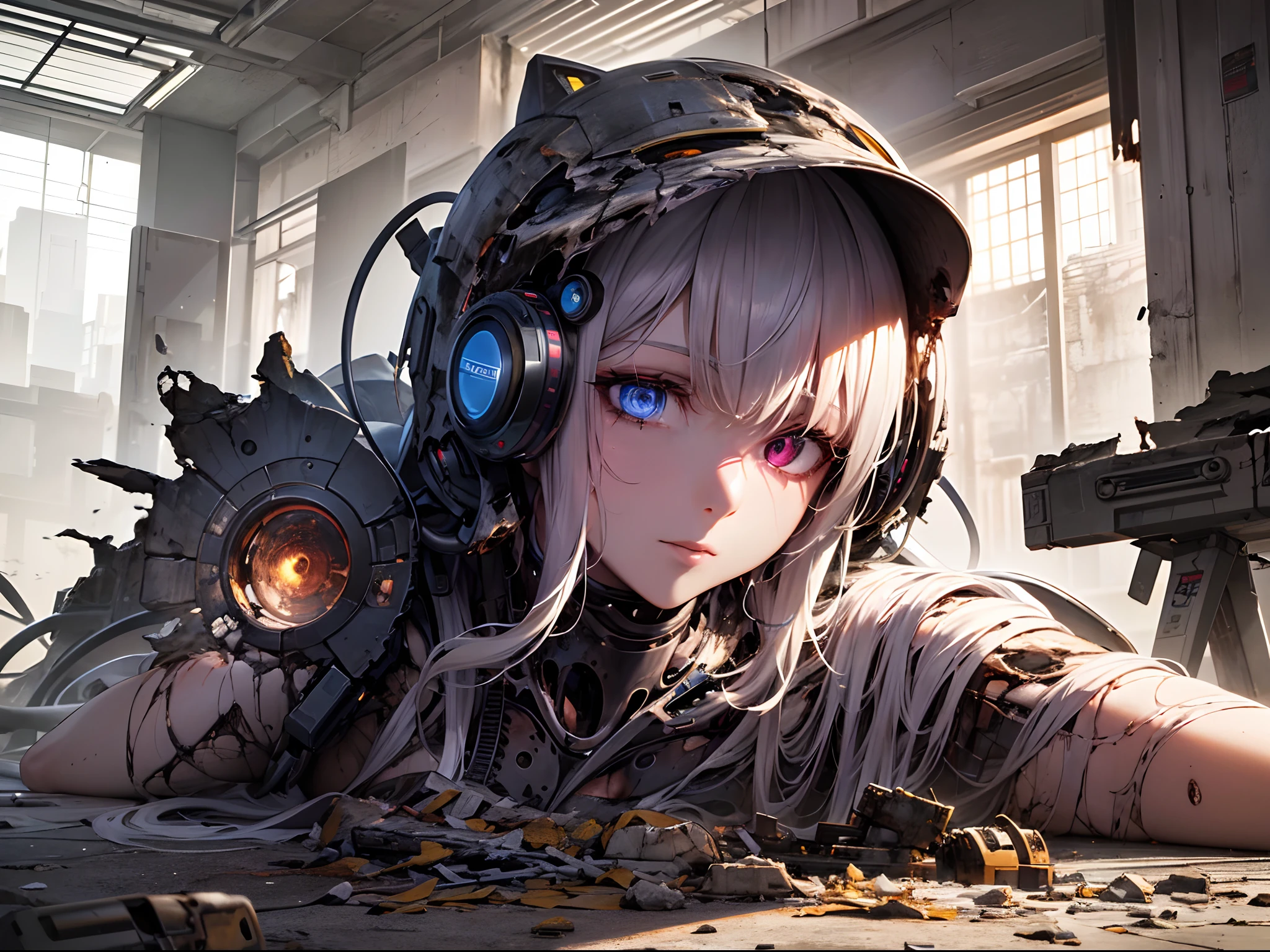 ((Finest quality)),(超A high resolution),(ultra-detailliert),(Meticulous portrayal),((Best Anime)),(Finest works of art),,Dirty air:1.5, Sci-fi art at its finest.,Cyber City of Detailed Depiction:1.7, (Machine Body Woman:1.5),(The eyes of a machine that has lost its light),(destroyed body:1.8),Internal mechanism of detailed depiction visible from the destroyed body:1.6, Lie on the ground:1.2