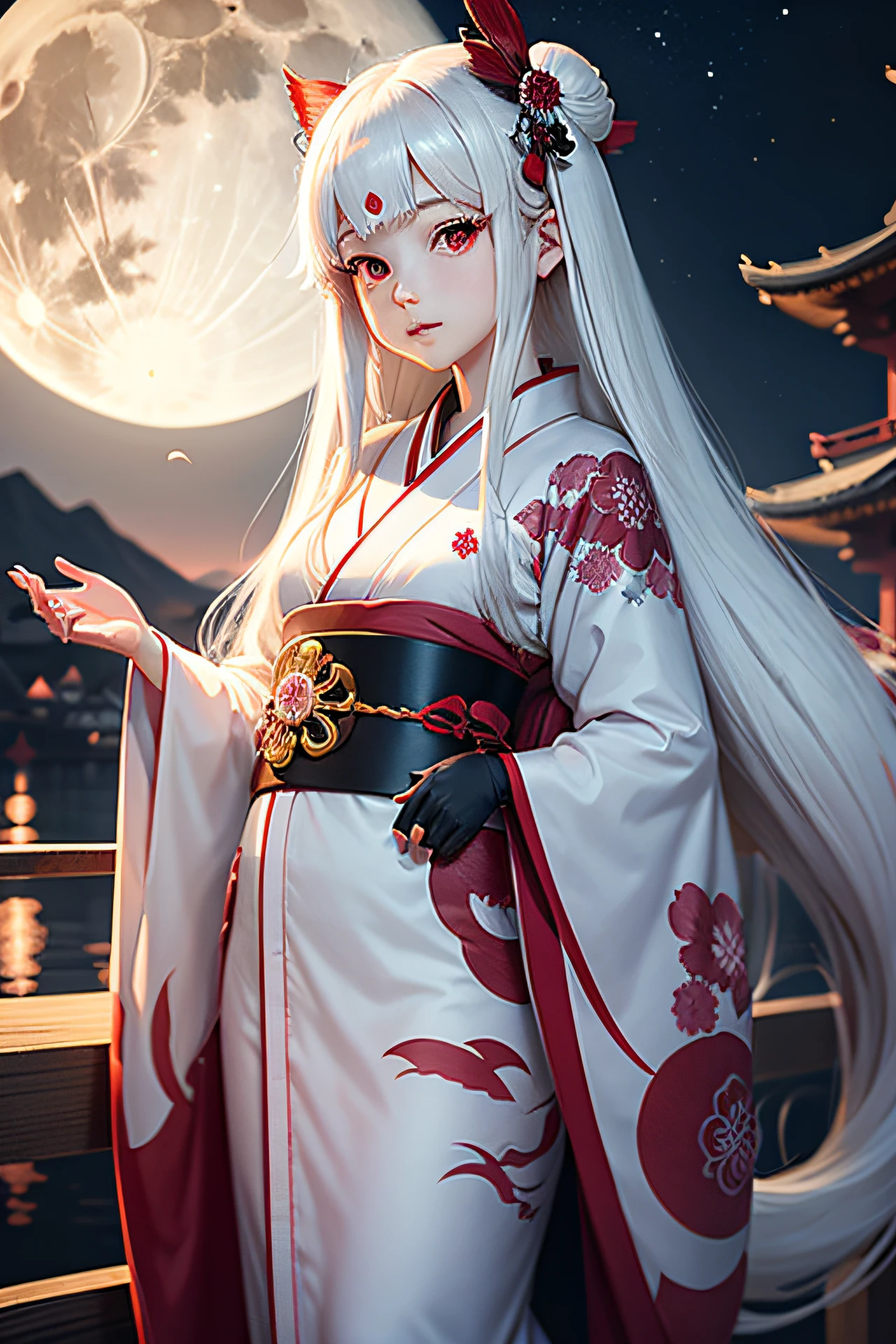 Anime, Cute Girl, Kimono, Long White Hair, Ruby Red Eyes, Princess, Kaguya, Full Moon, Haori