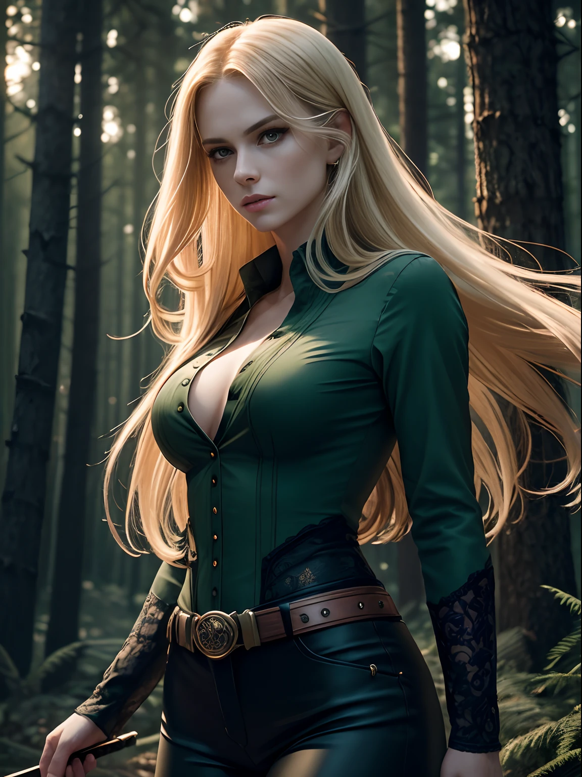 Photorealistic Image of Gorgeous British Vampire Mercenary Woman with Proportional Body, Long Flowing Blonde Hair, Pale Skin, Serious Face, Dark Green Loose Button Shirt and Black Tight Long Pants, Pine Forest at Night, Centered, Waist-up Shot, From Front Shot, Insane Details, Intricate Face Detail, Intricate Hand Details, Cinematic Shot and Lighting, Realistic Colors, Masterpiece, Sharp Focus, Ultra Detailed, Taken with DSLR camera, Realistic Photography, Depth of Field, Incredibly Realistic Environment and Scene, Master Composition and Cinematography