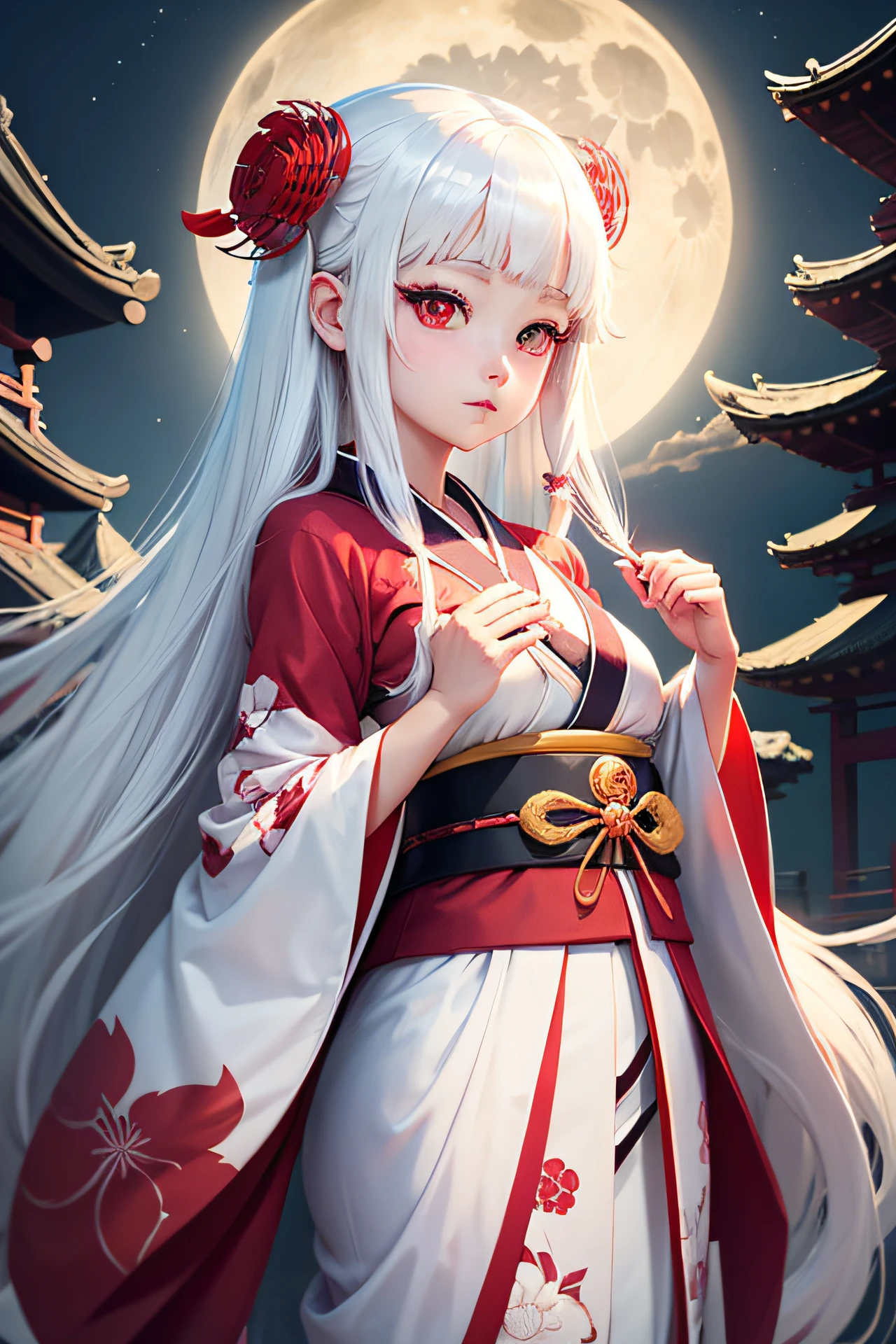 Anime, Cute Girl, Kimono, Long White Hair, Ruby Red Eyes, Princess, Kaguya, Full Moon, Haori