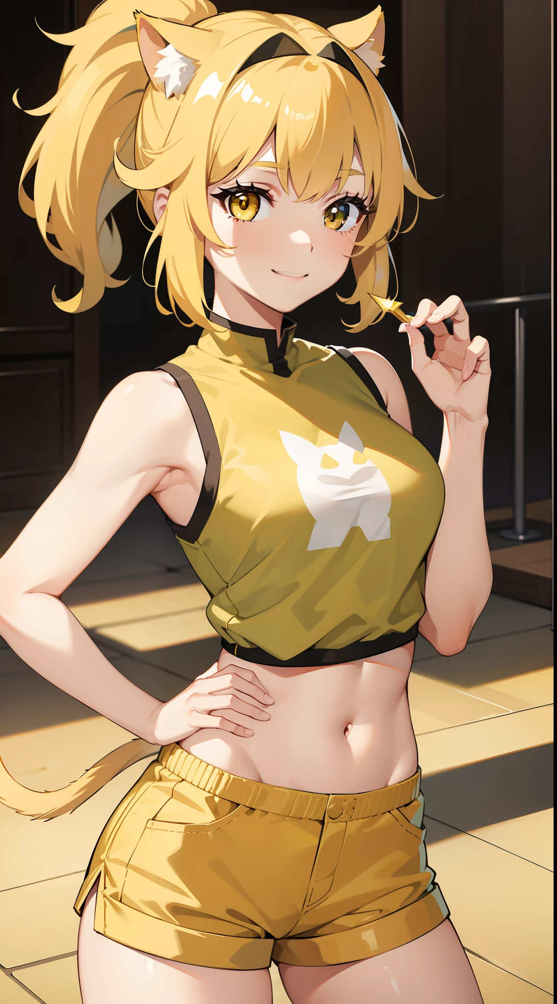 young girl, short brown hair, high ponytail, Heterochromia, green and yellow eyes, Smile, cat ears, Yellow tight sleeveless uniform, tight shorts, diadem, Gold Elements, She-ra, Masterpiece, hiquality, 4k, HD, Good detail