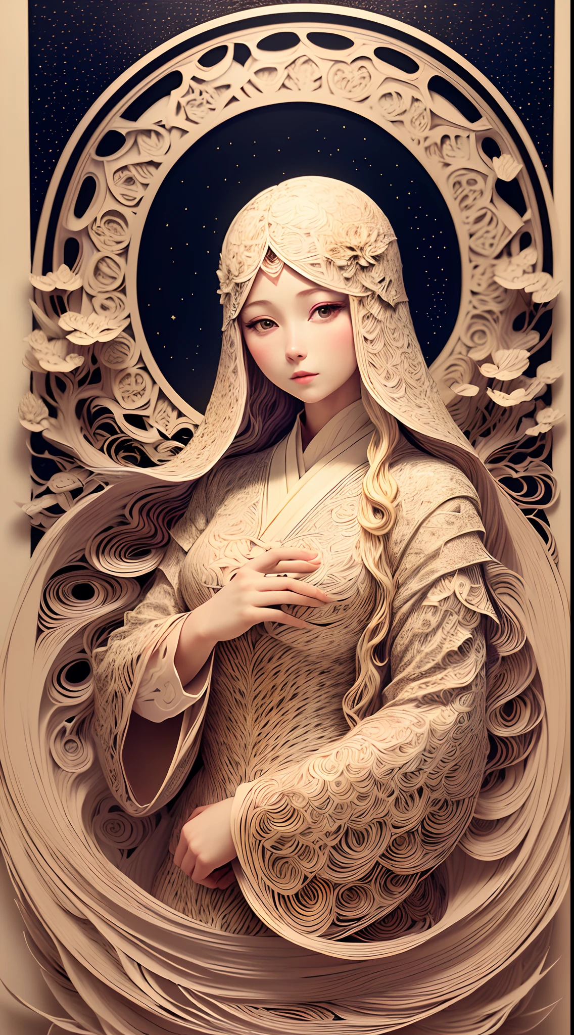 (Mucha's girls,paper-cut,solo,girl made up of paper art:1.45),Van Gogh's starry sky,Katsushika Hokusai's ukiyo-e sea,The artistic style of Paper Cuttings and origami,paper sculpture