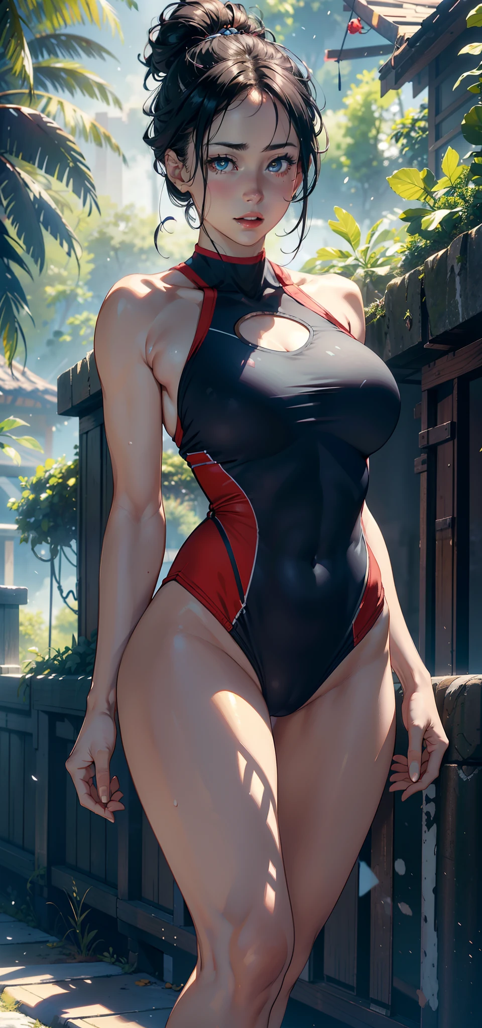 1female,35yo,plumw,extremely large bosom,Big breasts Thin waist,Long legs, 独奏,(Background with:,tropical,Deep in the forest,Athletics field,),legs are open,Bare genitalia,Bare , She has short black hair,standing on your feet,seen from the front, single hair bun, mostly cloudy sky,(((tmasterpiece),(Very detailed CG unity 8K wallpaper),best qualtiy,cinmatic lighting,detailed back ground,beatiful detailed eyes,Bright pupils,Black eyes,Snow-whiteskin,Redlip(Very fine and beautiful),(Beautiful and detailed eye description),ultra - detailed,tmasterpiece,))facing at camera,A high resolution,ultra - detailed),revealing breasts,Bare genitalia, Bulge,legs are open,Raised sexy,Camel toes,Flushed complexion,Desire for dissatisfaction,frontage,athlete,Track and field suits,athletic sneakers,Superman uniform