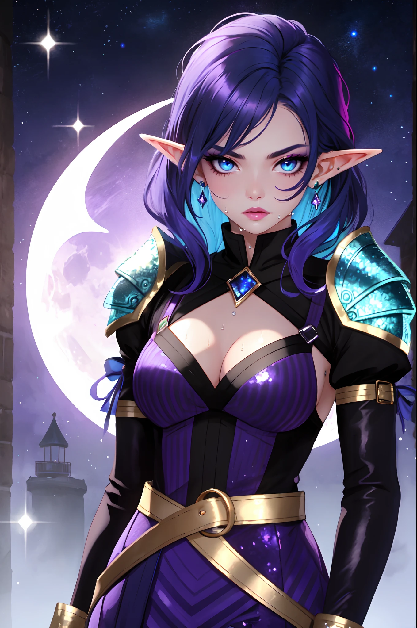 ultra realistic, masterpiece, night sky, moon, elf girl, solo, serious, gloomy face, fair skin, heterochromia, rich purple eye and rich blue eye, wet eyes, deep eye shaping, pearlescent eyebrows, purple mascara, blue lips, lip gloss, blue blush, narrow nose, purple bangs, forehead not covered, purple stone in forehead, blue hair, horsetail hairstyle, oil slick hair, sequined hair, middle neck, purple bandage, crystal shoulder pads, blue scaly armor, purple sleeves, fingerless gloves, blue nails, blue belt with gold buckle, purple dress from the waist to the legs, blue wave pattern, purple sneakers with blue and white stripes