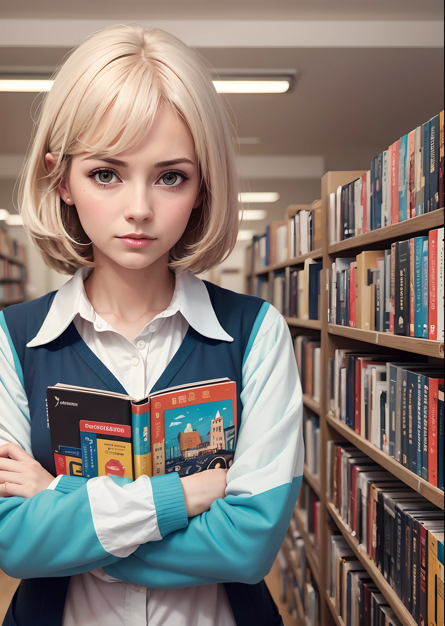 1girl, elegant bearing, small, slender build, short height, narrow shoulders, pale skin dotted by freckles, short platinum blonde hair, (((pixie cut hairstyle))), (((boyish hair))), (dark green eyes), silver glasses, cute facial features with an underlying elegance, thin lips, small breasts, youthful girl, RAW photo, ((slim body: 1)), (HQ skin: 1.4), 8k uhd, dslr, soft light, high quality, ((school uniform, white clothes, gold accents, (looking at viewer:1.4), library