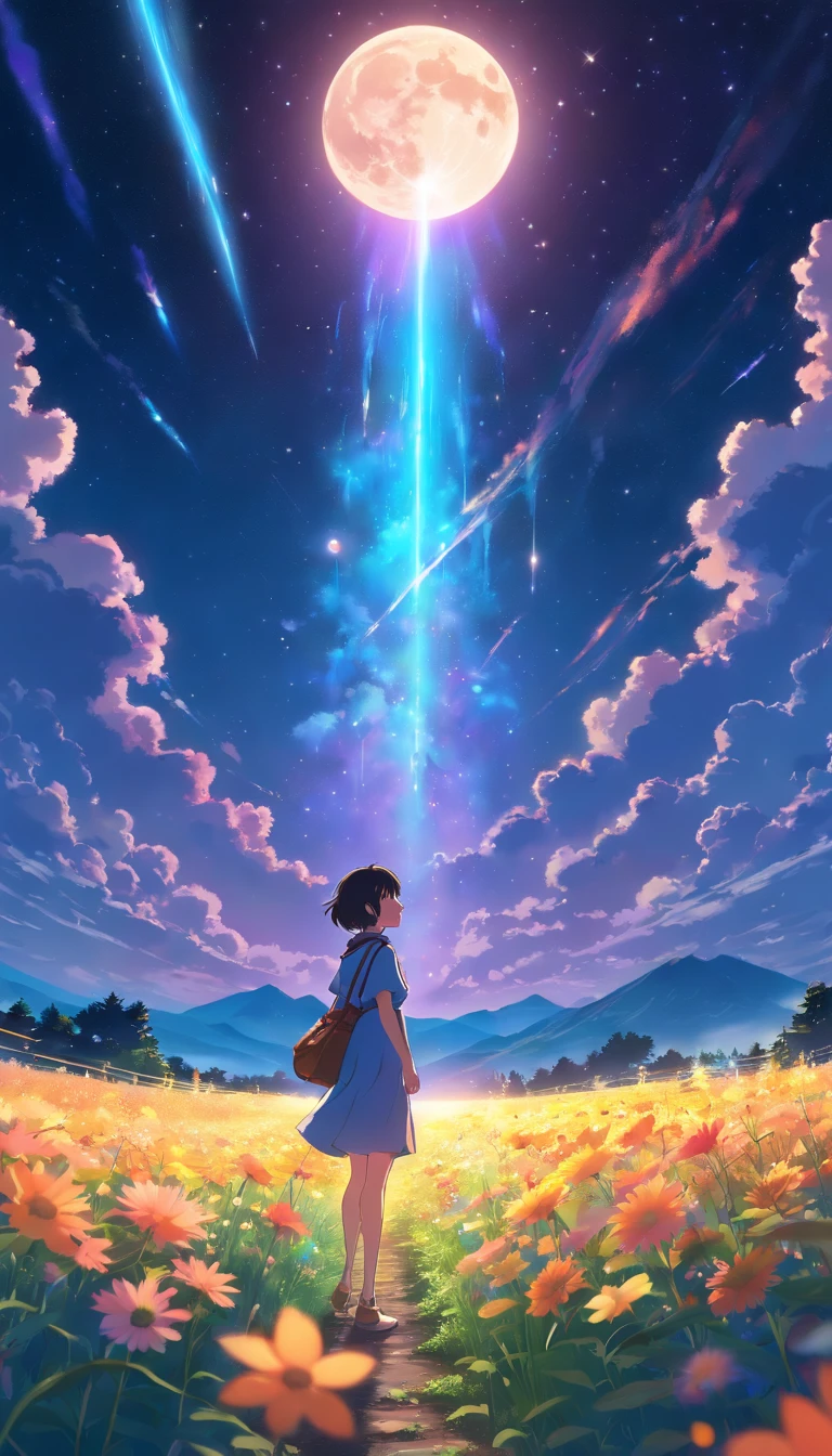 Expansive landscape photograph, (view from below with a view of the sky and wilderness below), woman standing in a flower field looking up, (full moon: 1.2), (shooting star: 0.9), (nebula: 1.3), distant mountain, tree break production art, (warm light source: 1.2), (firefly: 1.2), lamp, purple and orange, intricate detail, volume lighting, realism break (masterpiece: 1.2) (Best Quality), 4K, Ultra-Detailed, (Dynamic Configuration: 1.4), Highly Detailed and Colorful Details, (Iridescent Colors: 1.2), (Glowing Lighting, Atmospheric Lighting), Dreamy, Magical, (Solo: 1.2)