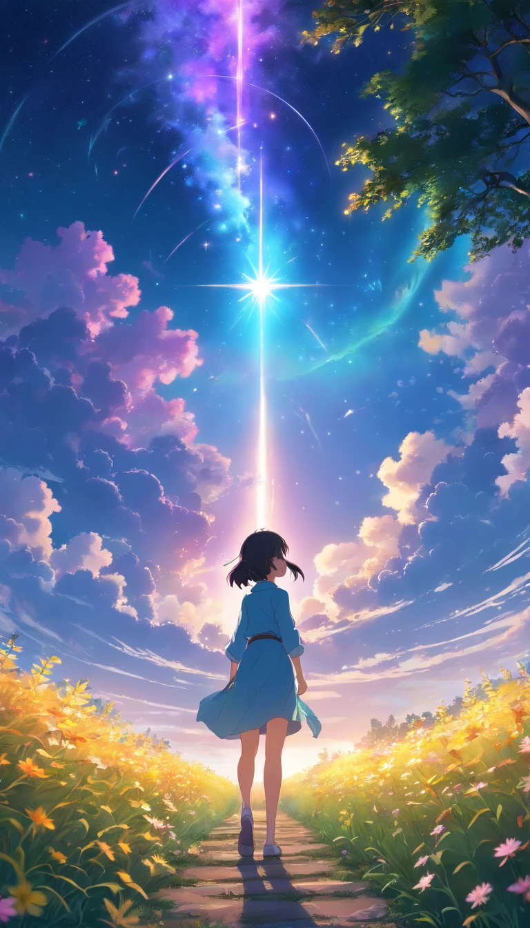 Expansive landscape photograph, (view from below with a view of the sky and wilderness below), woman standing in a flower field looking up, (full moon: 1.2), (shooting star: 0.9), (nebula: 1.3), distant mountain, tree break production art, (warm light source: 1.2), (firefly: 1.2), lamp, purple and orange, intricate detail, volume lighting, realism break (masterpiece: 1.2) (Best Quality), 4K, Ultra-Detailed, (Dynamic Configuration: 1.4), Highly Detailed and Colorful Details, (Iridescent Colors: 1.2), (Glowing Lighting, Atmospheric Lighting), Dreamy, Magical, (Solo: 1.2)
