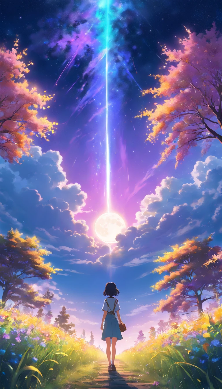 Expansive landscape photograph, (view from below with a view of the sky and wilderness below), woman standing in a flower field looking up, (full moon: 1.2), (shooting star: 0.9), (nebula: 1.3), distant mountain, tree break production art, (warm light source: 1.2), (firefly: 1.2), lamp, purple and orange, intricate detail, volume lighting, realism break (masterpiece: 1.2) (Best Quality), 4K, Ultra-Detailed, (Dynamic Configuration: 1.4), Highly Detailed and Colorful Details, (Iridescent Colors: 1.2), (Glowing Lighting, Atmospheric Lighting), Dreamy, Magical, (Solo: 1.2)