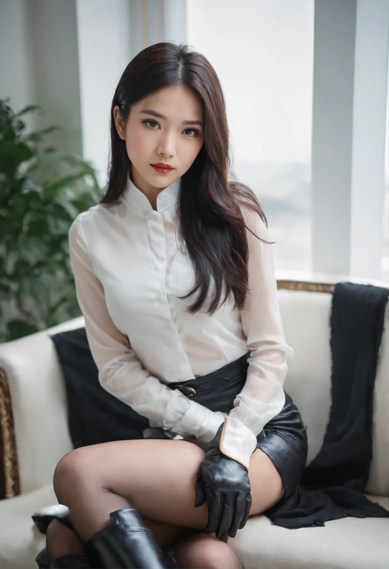 Black leather gloves, black leather tight skirt, white blouse, black leather long boots, Japanese girl with black hair straight, sit on a leather chair with her legs aligned, and her hands are aligned on her knees.
