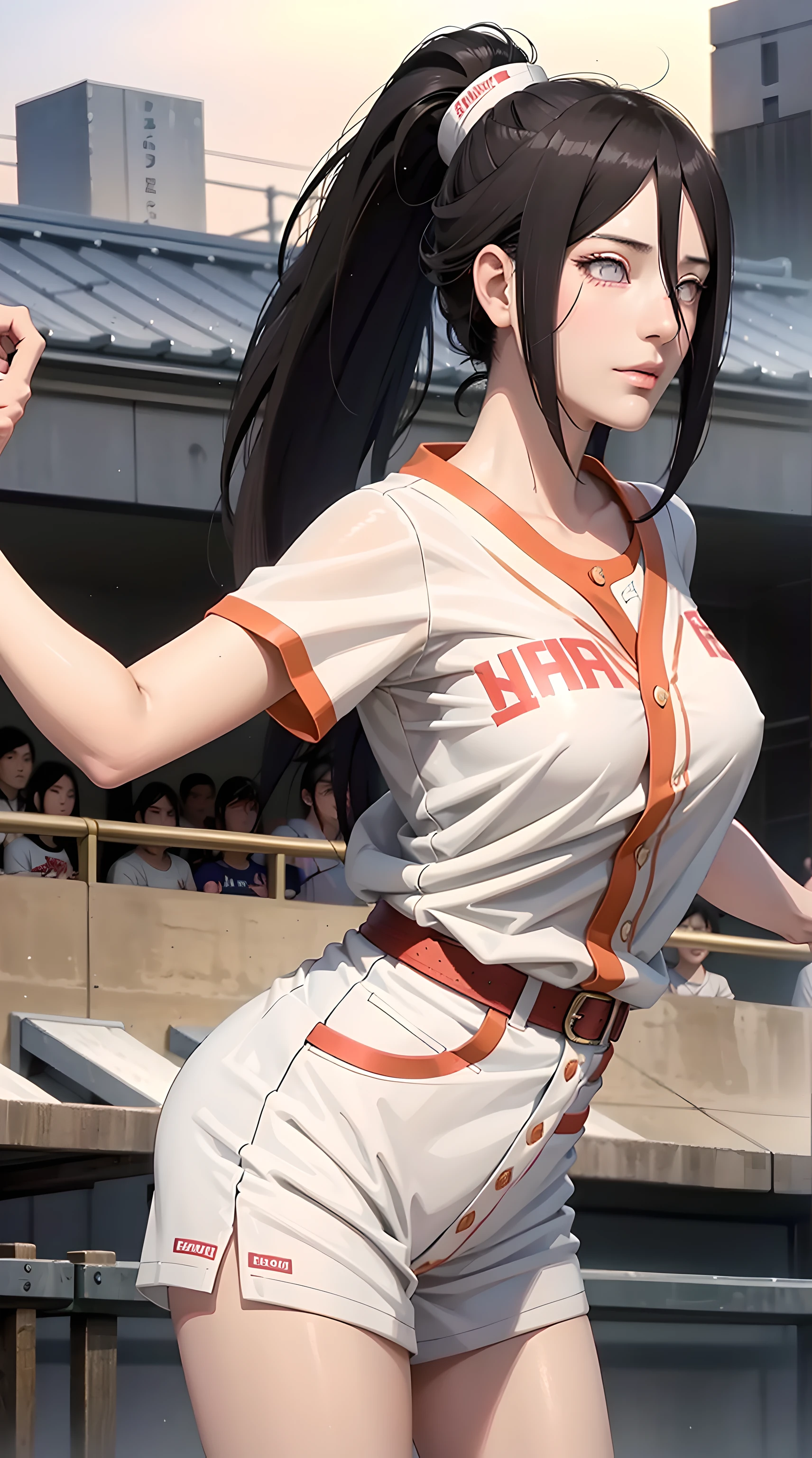 hyuuga hanabi, long hair tied low, hair band, hana purple eyes, ponytail, beautiful, beautiful woman, perfect body, perfect breasts, wearing white baseball clothes, wearing a baseball cap, on the baseball field, holding a baseball bat, looking at viewer, slight smile, realism, masterpiece, textured skin, super detail, high detail, high quality, best quality, 1080p, 16k