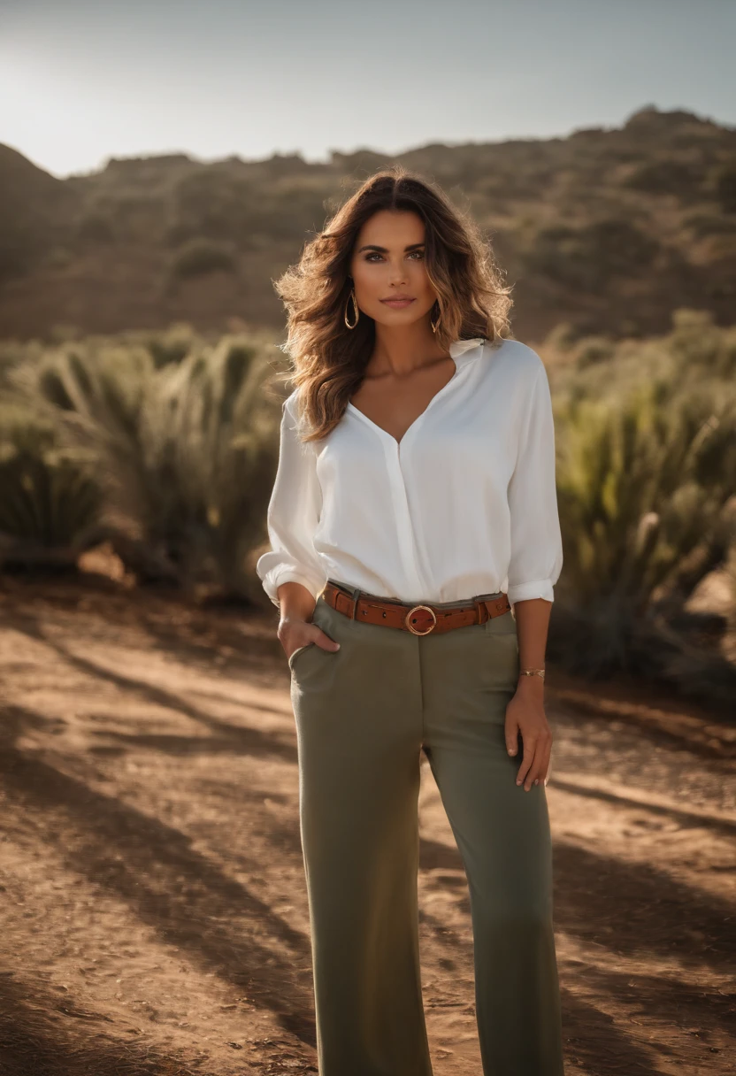 Generar un hiperrealista, high resolusion (4K o superior) Retrato e imagen de cuerpo entero de un ser humano. The subject must be a woman in her 20s., con cabello moreno ondulado de longitud media, Ojos verde esmeralda, y un ligero tono de piel oliva. Ella debe estar vestida con un atuendo casual elegante., que consiste en una blusa blanca, Pantalones sastre negros, y zapatos negros pulidos. Ella debe colocarse en un lugar bien iluminado, Ajuste de luz natural con un fondo borroso para enfocar el sujeto. Lighting should be soft but directional, coming from a 45-degree angle to create a Rembrandt lighting effect on your face. Your expression should be confident and attractive., con una sonrisa genuina que muestra sus dientes ligeramente. The style must be photorealistic to the point that the generated image must be indistinguishable from a high-quality photograph... Por favor, Pay close attention to textures and fine details such as skin pores, mechones individuales de cabello, y la tela de su ropa. The image should look as if it was taken by a high-end DSLR camera with a fixed lens.
