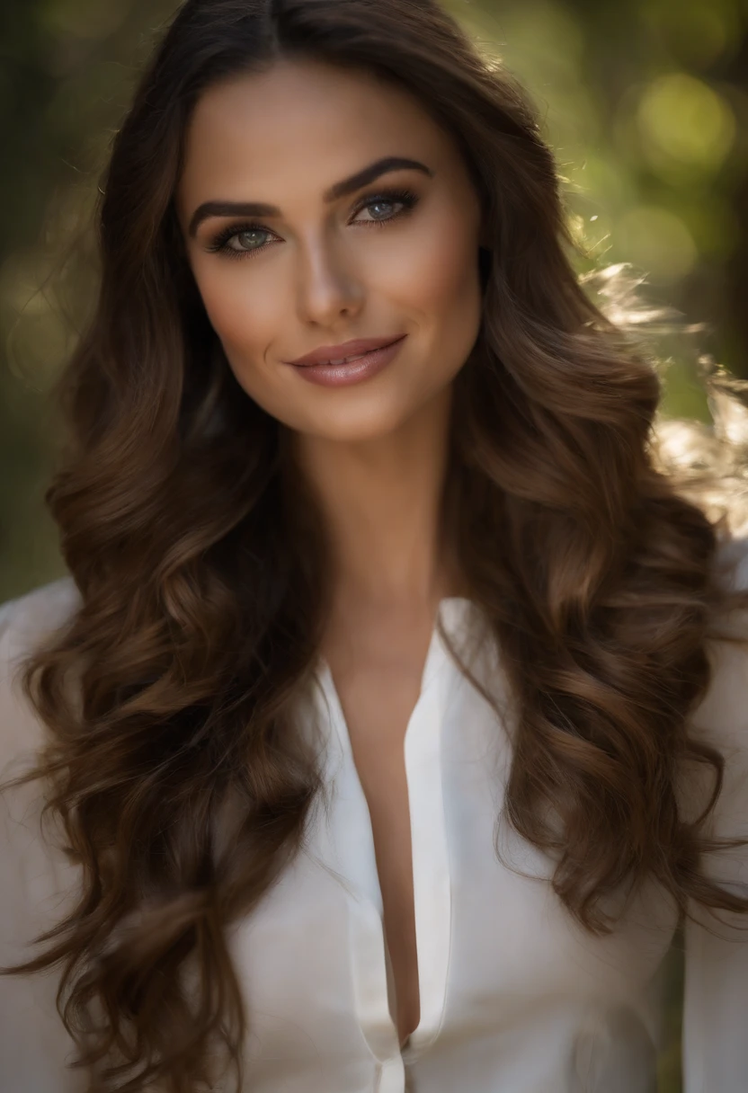Generar un hiperrealista, high resolusion (4K o superior) Retrato e imagen de cuerpo entero de un ser humano. The subject must be a woman in her 20s., con cabello moreno ondulado de longitud media, Ojos verde esmeralda, y un ligero tono de piel oliva. Ella debe estar vestida con un atuendo casual elegante., que consiste en una blusa blanca, Pantalones sastre negros, y zapatos negros pulidos. Ella debe colocarse en un lugar bien iluminado, Ajuste de luz natural con un fondo borroso para enfocar el sujeto. Lighting should be soft but directional, coming from a 45-degree angle to create a Rembrandt lighting effect on your face. Your expression should be confident and attractive., con una sonrisa genuina que muestra sus dientes ligeramente. The style must be photorealistic to the point that the generated image must be indistinguishable from a high-quality photograph... Por favor, Pay close attention to textures and fine details such as skin pores, mechones individuales de cabello, y la tela de su ropa. The image should look as if it was taken by a high-end DSLR camera with a fixed lens.