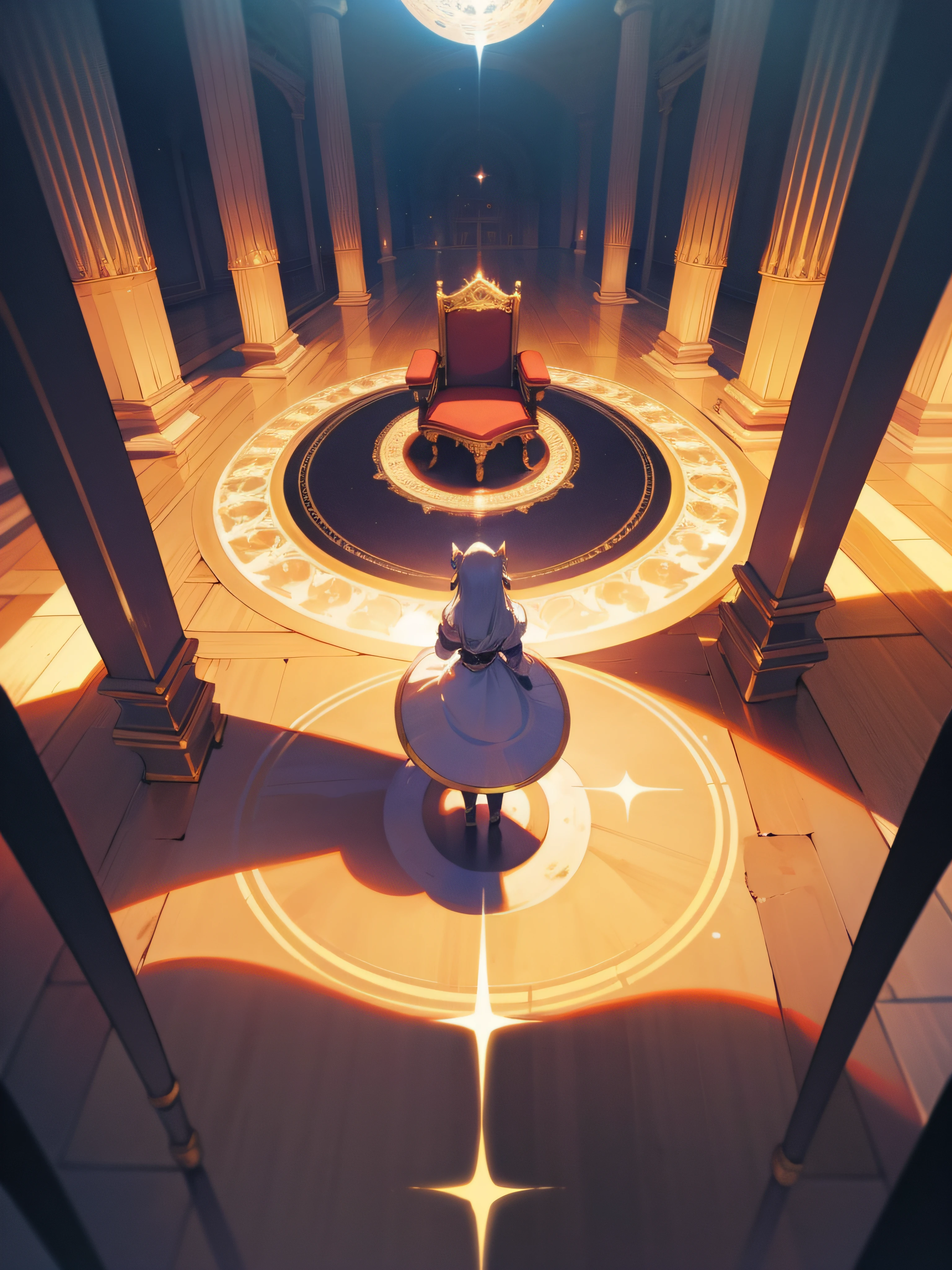Empty fantasy throne in a big circular room, room with so many giant energy circles, anime style