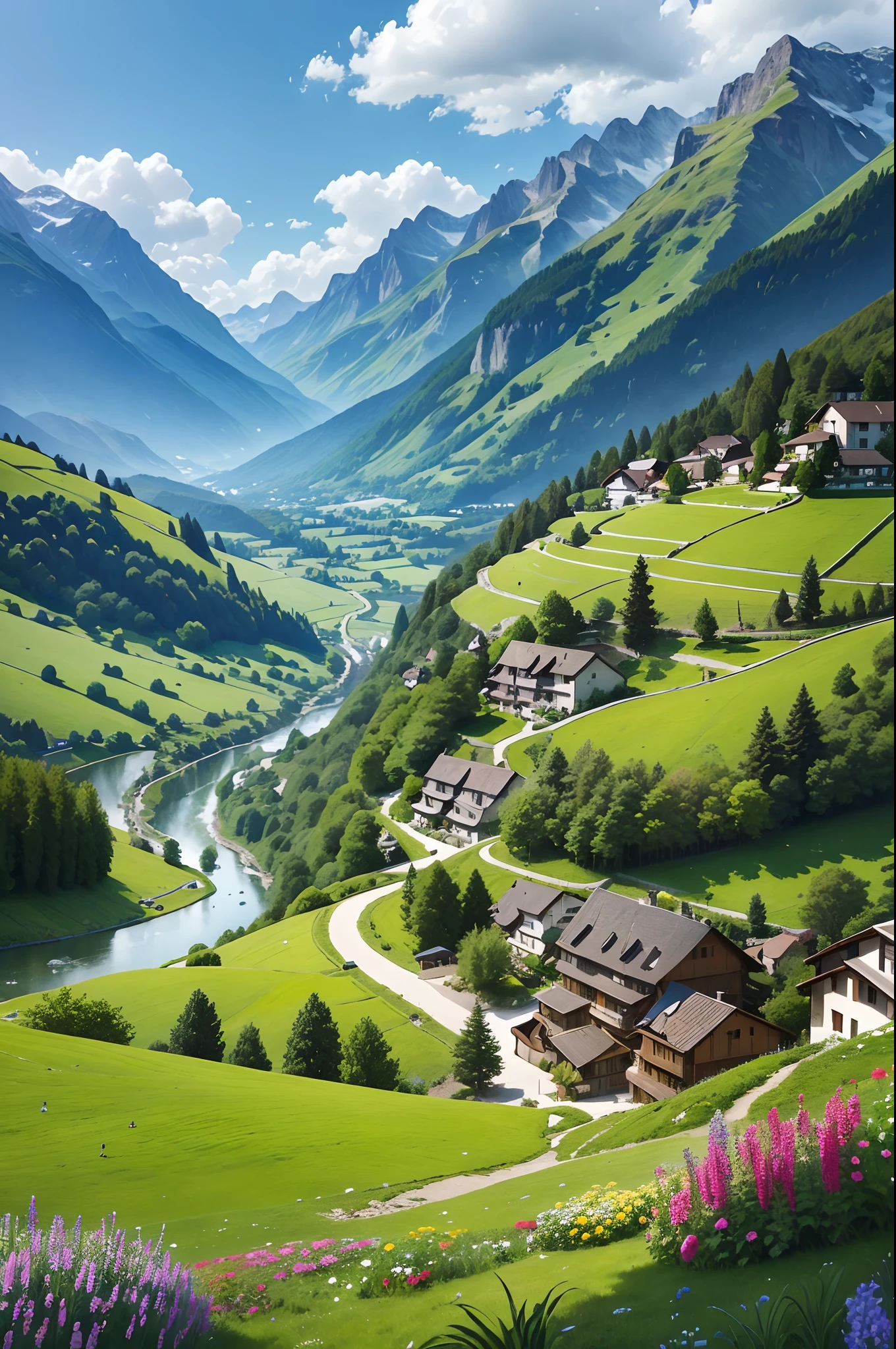 Peaceful and idyllic countryside, Rolling green hills dotted with grazing sheep, Charming villa,Set amidst vibrant flowers, Clear blue sky overhead, Evokes a sense of peace and simplicity, Valle encantador, switzerland, patches of green fields, lush countryside, Valle exuberante,An idyllic village in Milan,,verdant green fields,above a village,Rolling terraces,Colorful garden of flowers and plants,Alpine scenery in the Swiss countryside under the Alps,Carl Césel Bern,Majestic nature, Swiss architecture, lindo cenario, rios,waterfallr