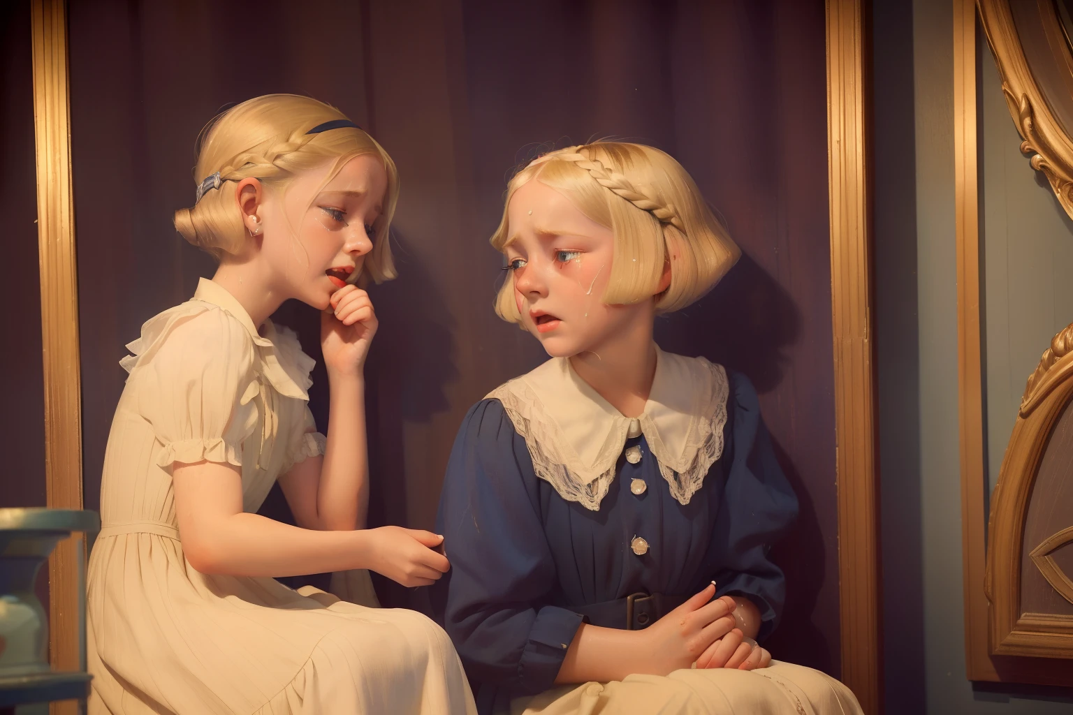 Year: 1939. Location: Memphis, Mississipi. pre-raphaelite 13-year-old orphan blonde girl, ((terrified) ((crying)) ((big tears)), hugging her little sister, ((1930s poor dress)) ((1930s hairstyle)) ((in the style of "OMITB")) ((cinematic style))