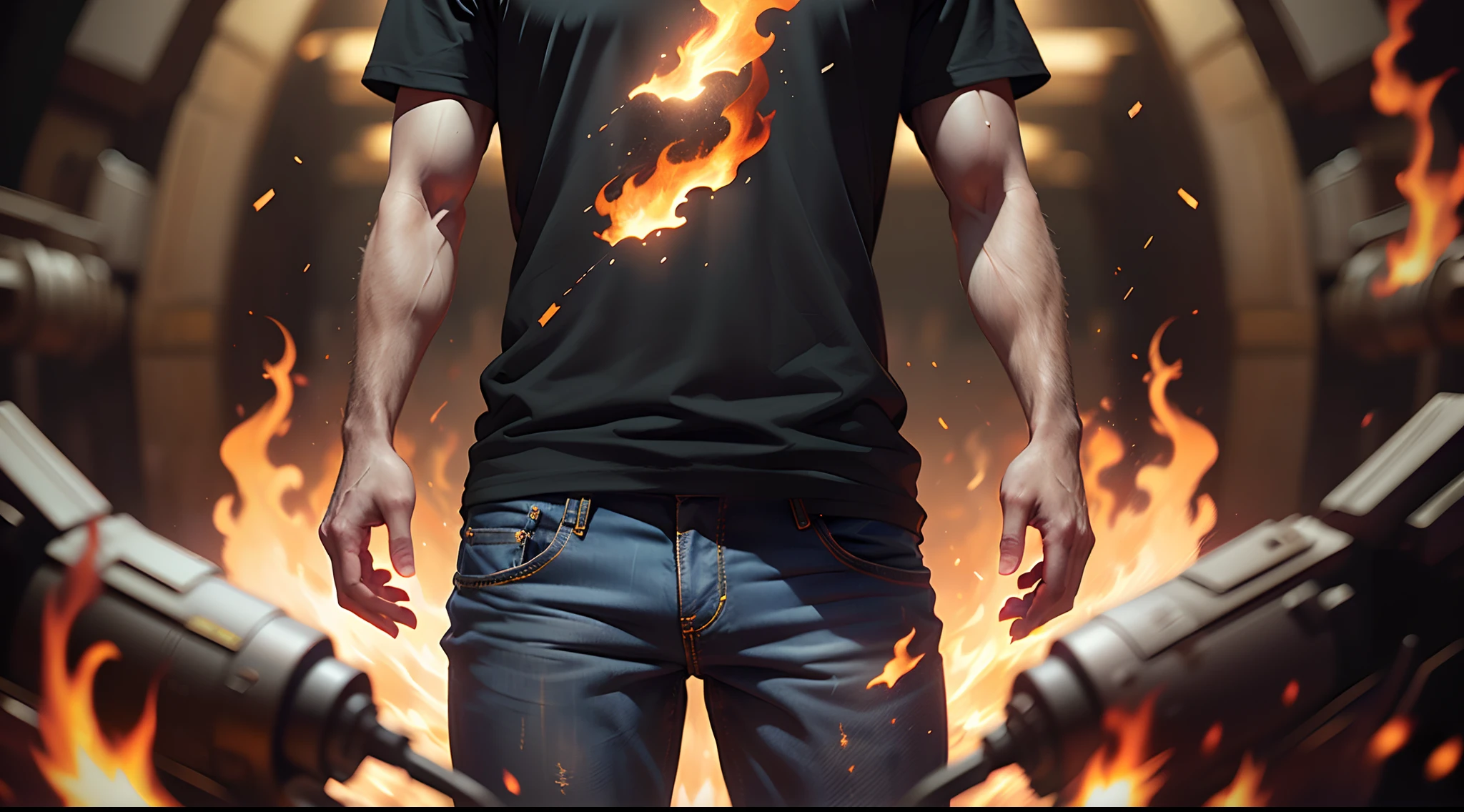 masterpiece, best quality, motion picture, 1 man, young, short black hair, brown eyes, long covering t-shirt and jeans, engulfed in fire, close-up, glowing, bravery, dark lighting, (Sparks: 0.7 )