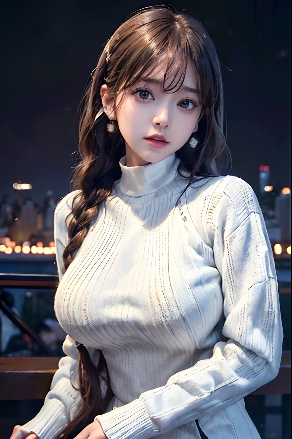 (1 female:1.1)、8K、Light Brown Fringe Hair、The long-haired、Braided hair、disheveled hair、Light brown eyes、(dignified expression)、(爆乳:1.5)、Photorealsitic、(Shadow:1.1)、(intricate detailes:1.2)、(masutepiece、:1.3)、(top-quality:1.4)、(超A high resolution:1.2)、超A high resolution、(A detailed eye)、(detailed facial features)、(The face of the golden ratio:1.2)、(White sweater:1.6), (nighttime scene:1.4)、(highrise buildings:1.4)、(Blurry neon lights:1.4)、(facing the front there:1.3)、(Detailed ears:1.2)、(The background is a night view of New York:1.6)、(Pulling the hem of theta:1.5)、(Standing:1.6)