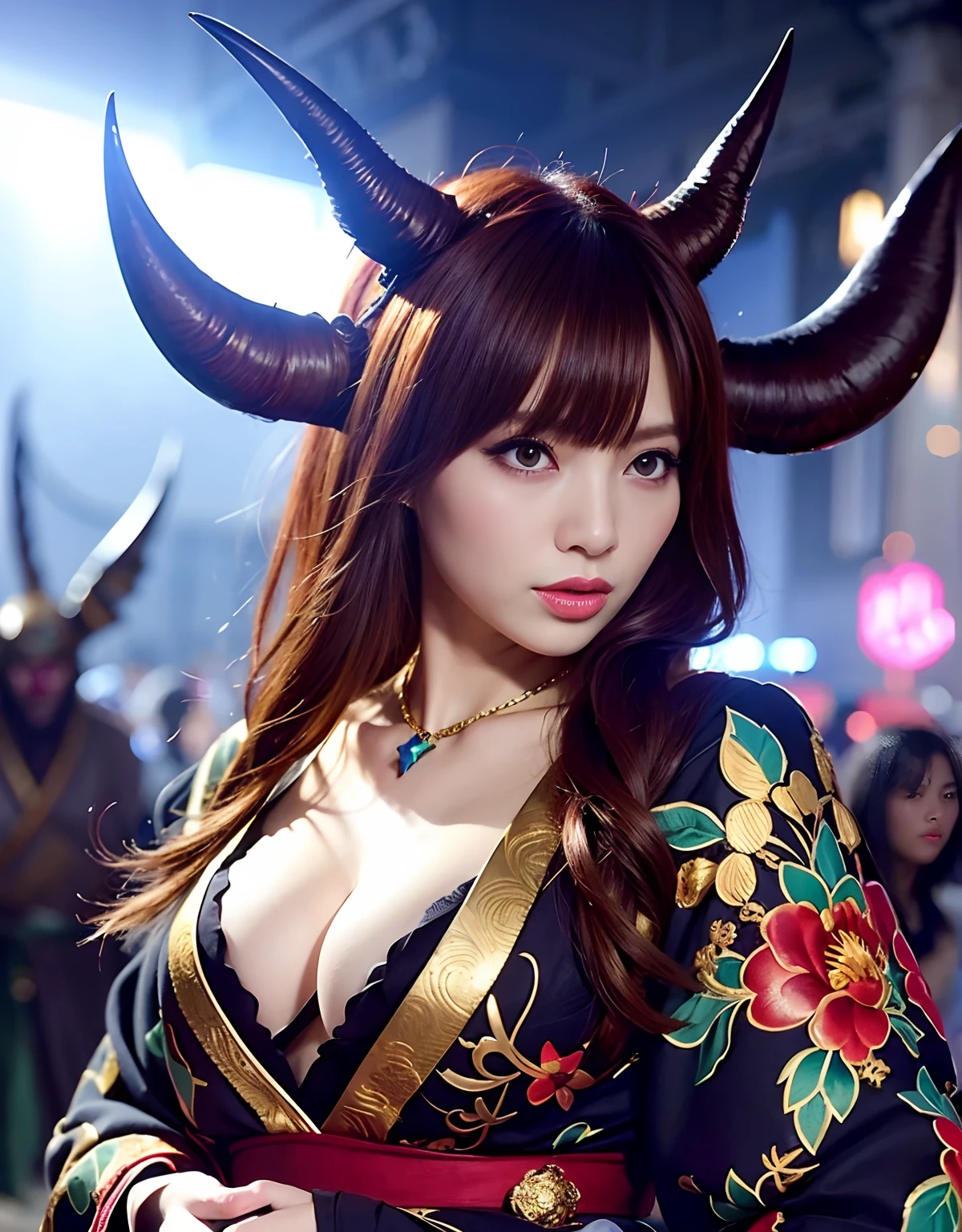 ((World of Darkness)),Professional , masterpiece、top-quality、photos realistic , depth of fields 、(Maiko's hairstyle)、(Maple background in full bloom),(Ultimate Beauty)、Red-haired、(Fight ninjas)、(Kimono with beautiful pattern)、(Night background)、((a dark night)),(Wear a beautiful kimono),(Wear a beautiful kimono with colorful floral patterns)、Jewel Gold Weapon、Particles of light),(Castle background)、Gorgeous gold weapons ,(( Gorgeous weapon Dragon Sword)) , (a dark night),,(maikurobikini) 、((Black Haired Beautiful Girl))、(Castle background)、(demonic wings)、((Gangle's forest background))、Beautiful Caucasian beauty、1a person、dynamic ungle,(((Two devil's horns on the head)))、Smaller head、Idle Smile、Thin and beautiful female hands、Mystical expression、Light Effects、intense fighting、Wind-effect、magic circles、With the legendary magic wand、Dragon's tail、Anatomically correct body、Anatomically correct fingers、