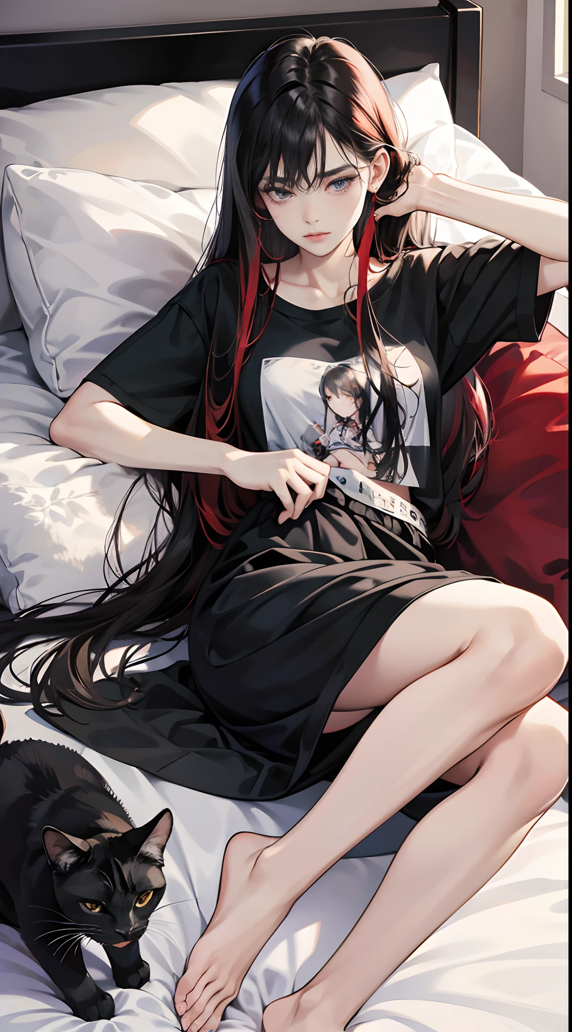 (Best Quality,4K,High resolution), 18yo woman, Red highlights on black hair, Long hair, Straight hair, Cool Woman, Cold eyes,Sleepy face , Intricately drawn, Realistic portrayal,, Bedroom，in a house，Relax in your room，Oversized T-shirt,print t-shirt， Leaning on a large cushion, Cute room with stuffed black cat,on the beds , ,