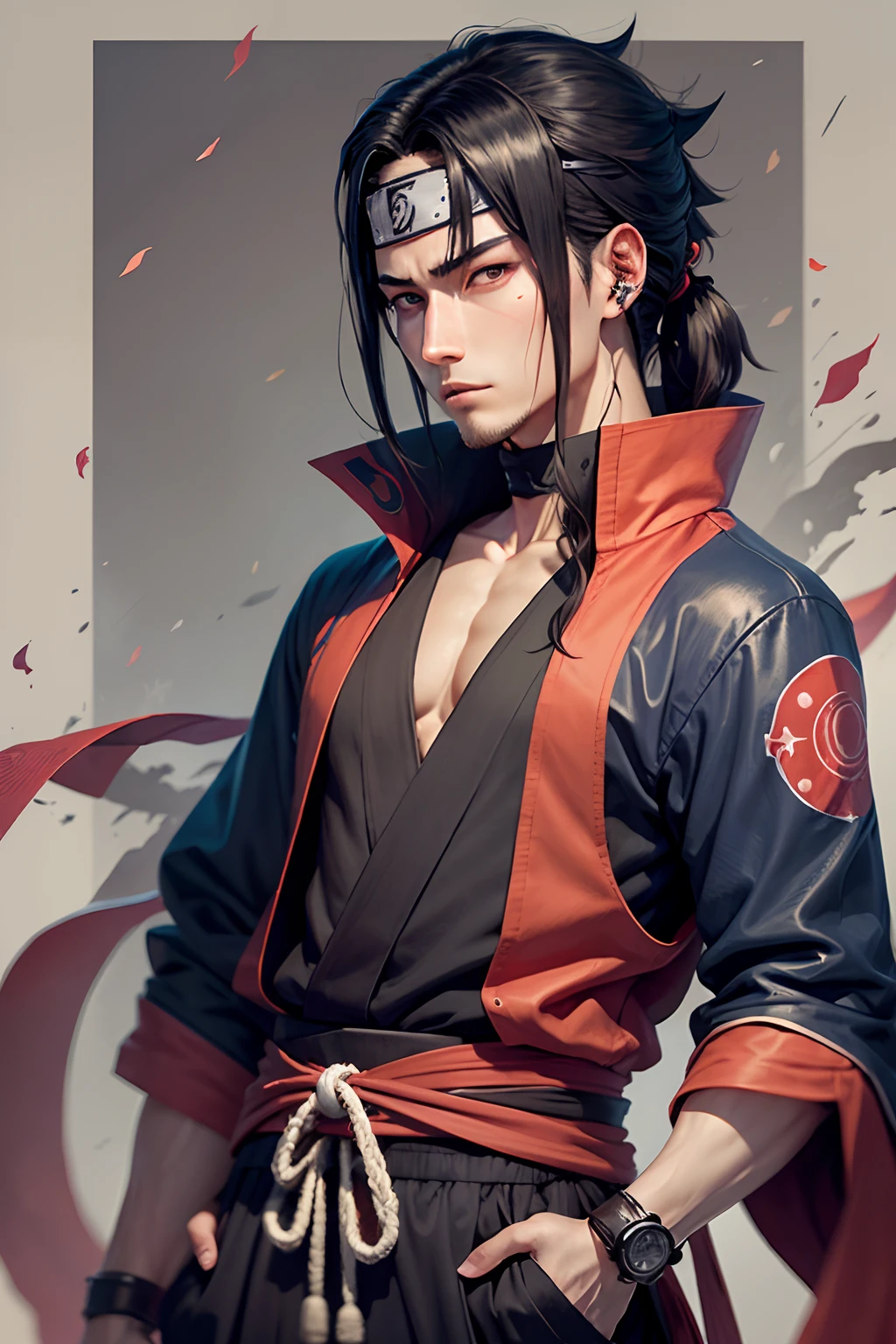 Itachi Uchiha possesses an unmistakable and hauntingly captivating appearance. His long, obsidian hair cascades over his forehead, veiling his left eye and contributing to the shroud of enigma that surrounds him. His most striking feature lies in his onyx eyes, harboring the Sharingan, a potent dojutsu characterized by three mesmerizing tomoe symbols within each eye. Itachi's face, marked by sharp and chiseled features, often dons a tranquil and collected expression that masks the depths of his inner turmoil. Clad in the traditional Uchiha clan attire—a high-collared, dark blue shirt adorned with the clan's emblem—he exudes an aura of both nobility and mystique. This attire, paired with dark pants and shinobi sandals, reflects his allegiance to the Hidden Leaf Village. Altogether, Itachi's appearance is an embodiment of his profound complexity, intelligence, and the tragic legacy he carries as a member of the Uchiha clan. Itachi Uchiha's clothing is emblematic of his heritage and ninja affiliation. He typically wears the traditional attire of the Uchiha clan, consisting of a high-collared, dark blue shirt with the Uchiha clan's iconic crest prominently displayed on the back. The shirt is complemented by dark-colored pants and standard shinobi sandals. This attire showcases his loyalty to his clan and the Hidden Leaf Village, while the high collar adds an air of formality and distinction. The Uchiha crest, emblazoned on his back, symbolizes his lineage and the legacy he carries, and his choice of clothing reflects both his heritage and the mysterious role he plays in the Naruto storyline.