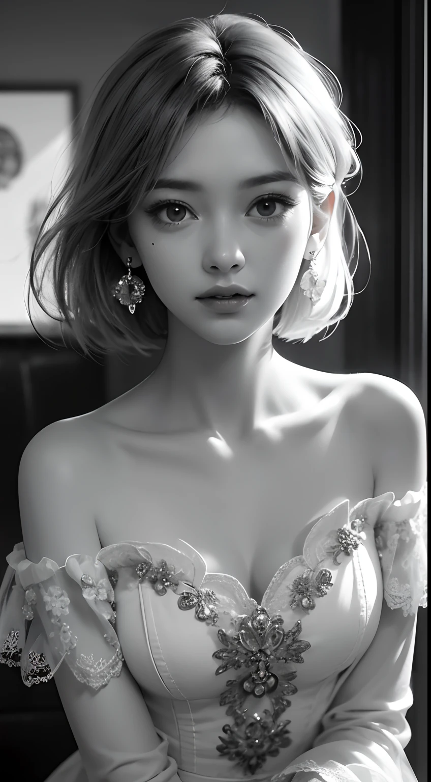 Beautiful girl, high-precision illustrations, monochrome tone effects, chic and sophisticated impression, focus blur envelops her softly, overhead shot composition, pixel-perfect drawing, edge detection, clear expression of details, high-key contrast, tint effect, monochrome world, unique charm, off-shoulder, bust shot, Backlight, Cinematic Light, Retro, Plain Dress, Earrings, Silver Accessories, Short Bob, Long Eyelashes