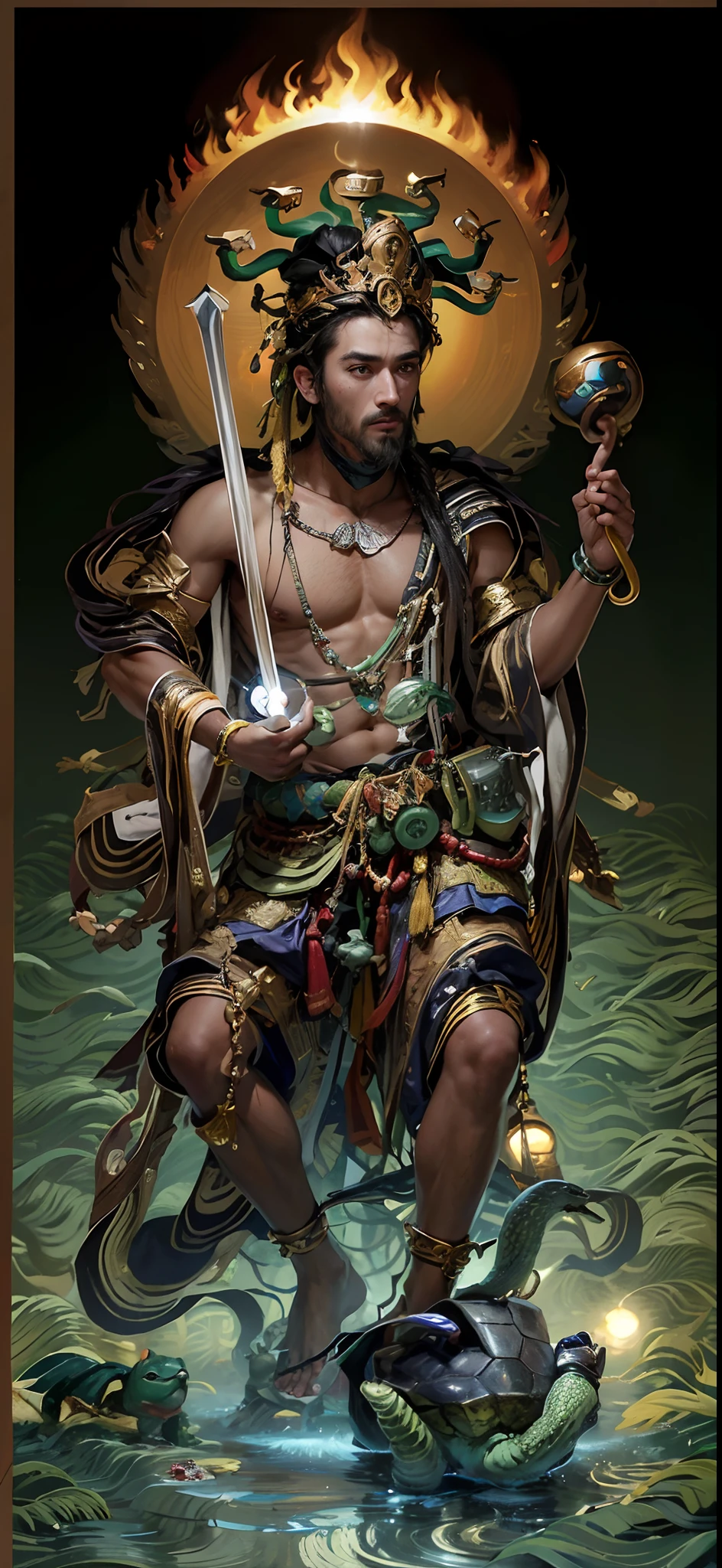 mythical character,Avatar,(((green colored skin:1.1))),Handsome man, Emperor of China,Wear a crown on your head,(((com um rosto quadrado))),Flashy clothes,Handsome looking,Robes,small beard,com um rosto quadrado,Wide face,One meter nine,small heads,long leges,Tall guy,com um rosto quadrado,(((Strong facial muscles))),(((aged 40,Peng Yuyan))),Majestic appearance,with a round face,Have a beard,Water god,Glamorous,Ken Takakura,Treading the waves,Control the water,(((Step on the turtle))),(((Sword in hand))),(((Snake in hand))),Surrounded by water,Shirtless,Bare legs,Barefoot Feet,(((com um rosto quadrado))),emaciated,sbeard,com um rosto quadrado,Wide face,One meter nine,small heads,long leges,Tall guy,com um rosto quadrado,(((Strong facial muscles))),(((Chen Daoming))),(((little beard)))There are six snakes on top of their heads,spray,Basketball player body proportions,chineseidol,looking toward the viewer,Black pupils,The body is well-proportioned,Long legs,Straight back,Fitness trainer,Movie stars are glamorous,(((Heads-up))),Handsome,Indian,muscular face,Muscular body,Perfect proportions,The muscles have expressions in both eyes,King Yan Luo stared ahead,(((Coarse cloth clothes))),(((Ancient Roman clothing))),coarse cloth,There are muscles,,(((Shirtless))),(((Head background with round light))),(((Behind it is the sun))),(((The man emits a bright and dazzling light))),King Yan took away the metal weapon,Take the Skeleton Staff as an example,Barefoot on both feet,Step on the waves,photorealestic,professional photoshooting,Realiy,超高分辨率,tmasterpiece,