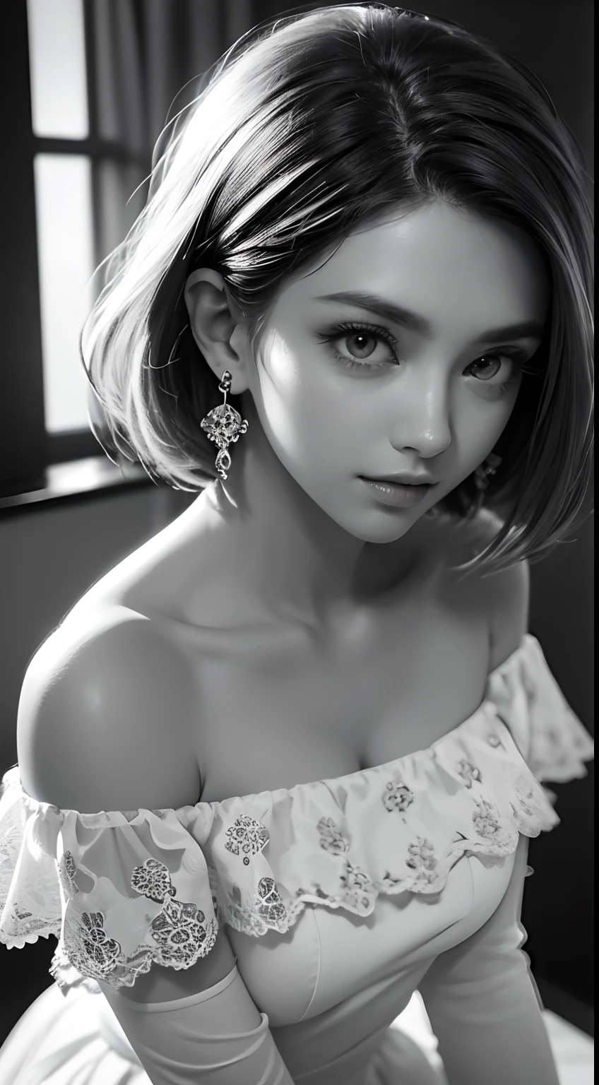 Beautiful girl, high-precision illustrations, monochrome tone effects, chic and sophisticated impression, focus blur envelops her softly, overhead shot composition, pixel-perfect drawing, edge detection, clear expression of details, high-key contrast, tint effect, monochrome world, unique charm, off-shoulder, bust shot, Backlight, Cinematic Light, Retro, Plain Dress, Earrings, Silver Accessories, Short Bob, Long Eyelashes