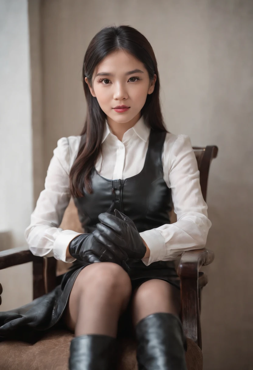 Black leather gloves with five fingers in both hands, black leather tight skirt, white blouse, black leather long boots, Japanese girl with black hair straight, sit on a leather chair with her feet aligned, both hands are aligned on her knees