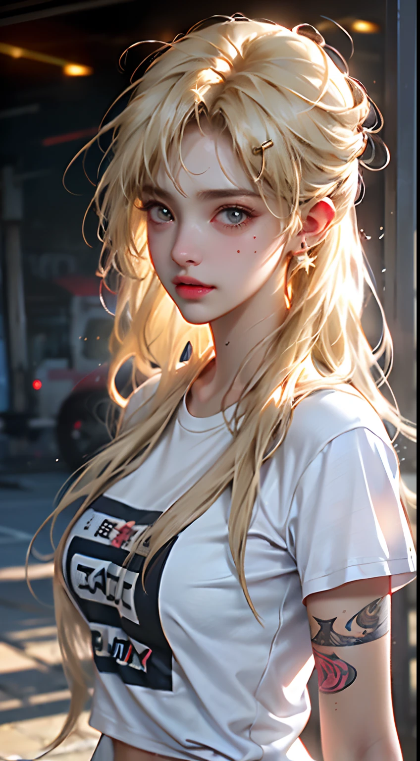 (1girl),large breasts, breasts, tan, dewy skin, sweaty skin, wavy blonde hair, punk tshirt, punk girl