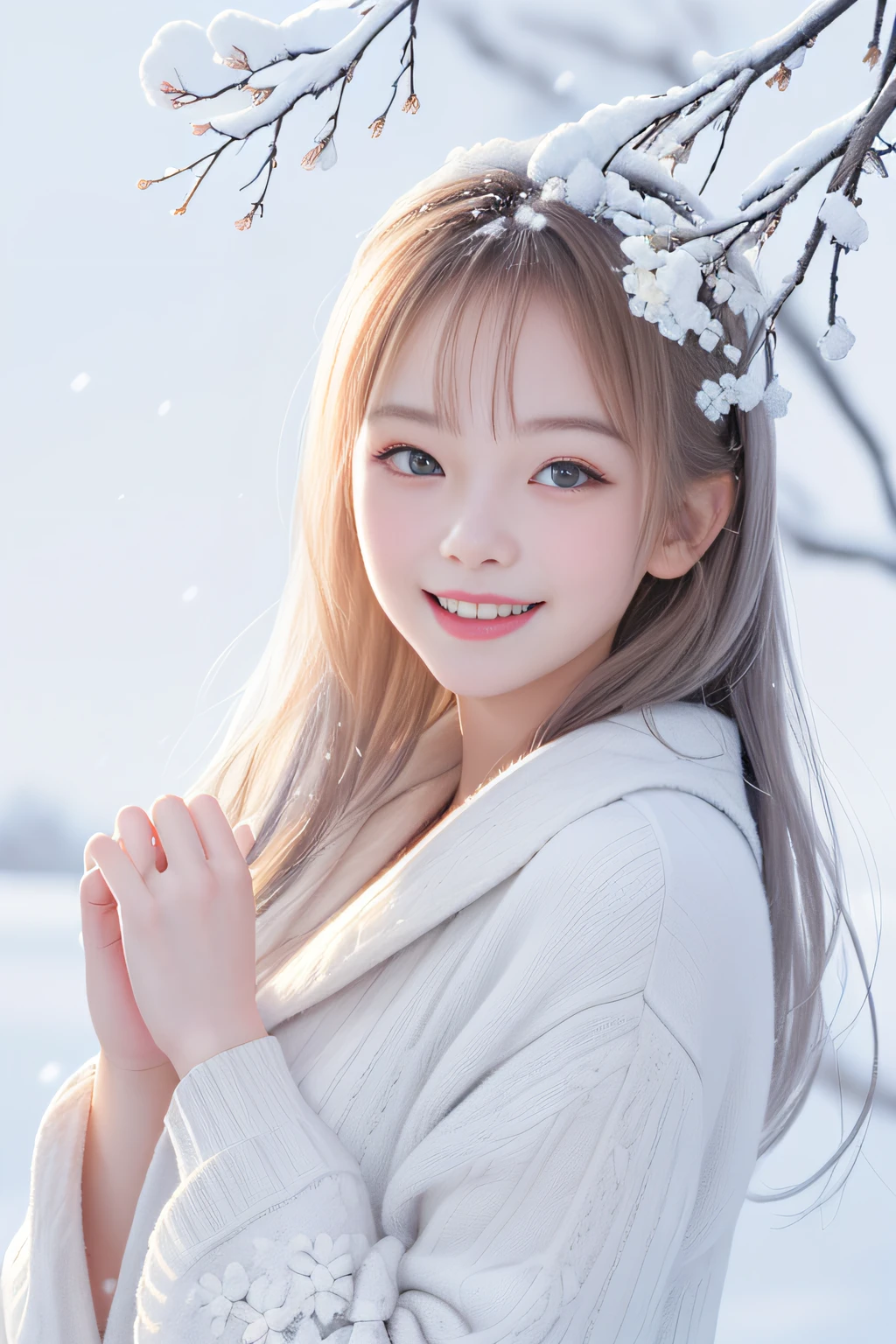 Happy smile when looking at this、20-year-old young woman、Bare_tree, tree, cherry_florals, branch, 1girl in, Winters, Snow, Outdoors – Solo, yuki, spring_\(season\), up looking_で_viewer, parted_Lips, flower,  The upper part of the body_Body,